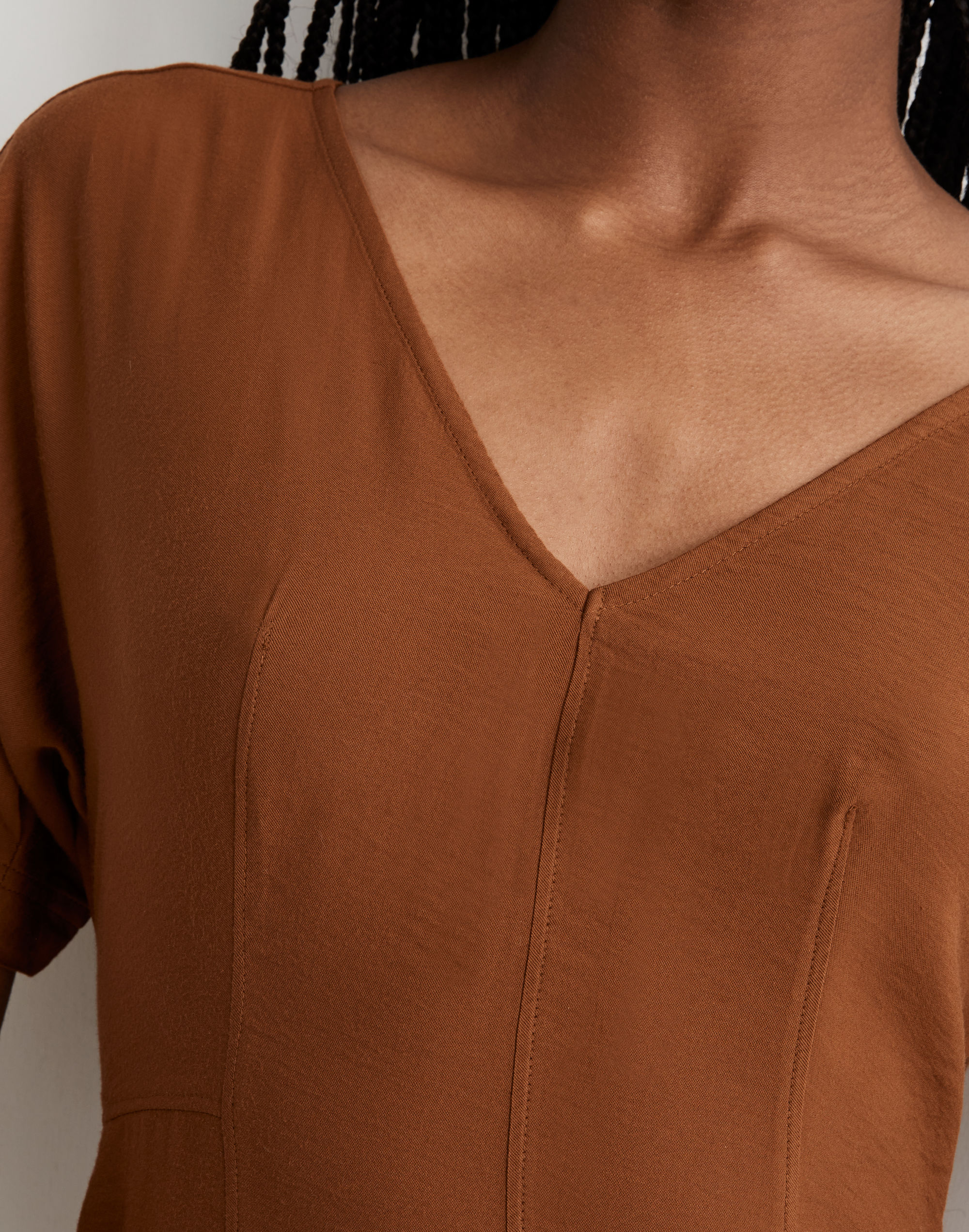 Wide V-Neck Seamed Midi Dress