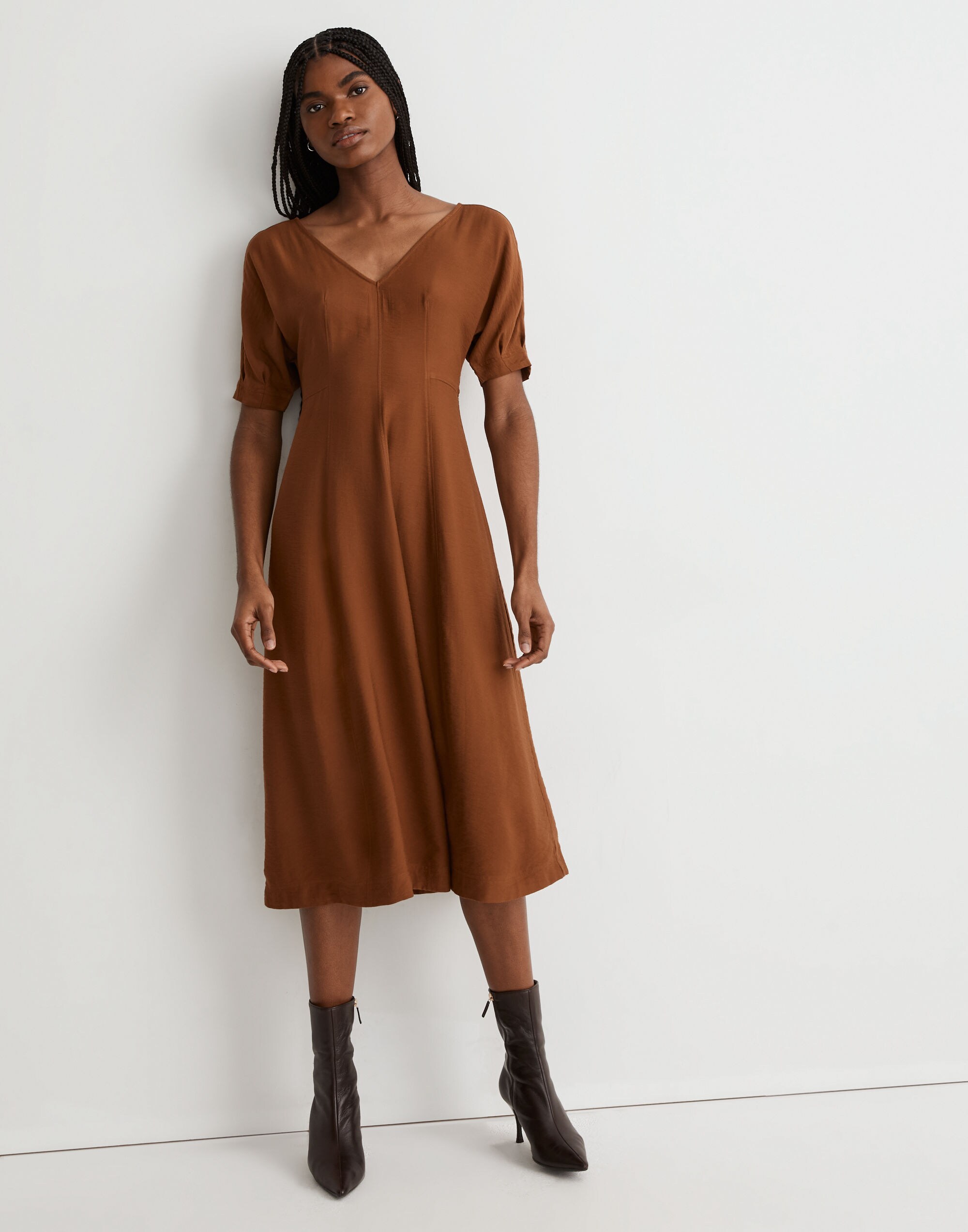 Wide V-Neck Seamed Midi Dress