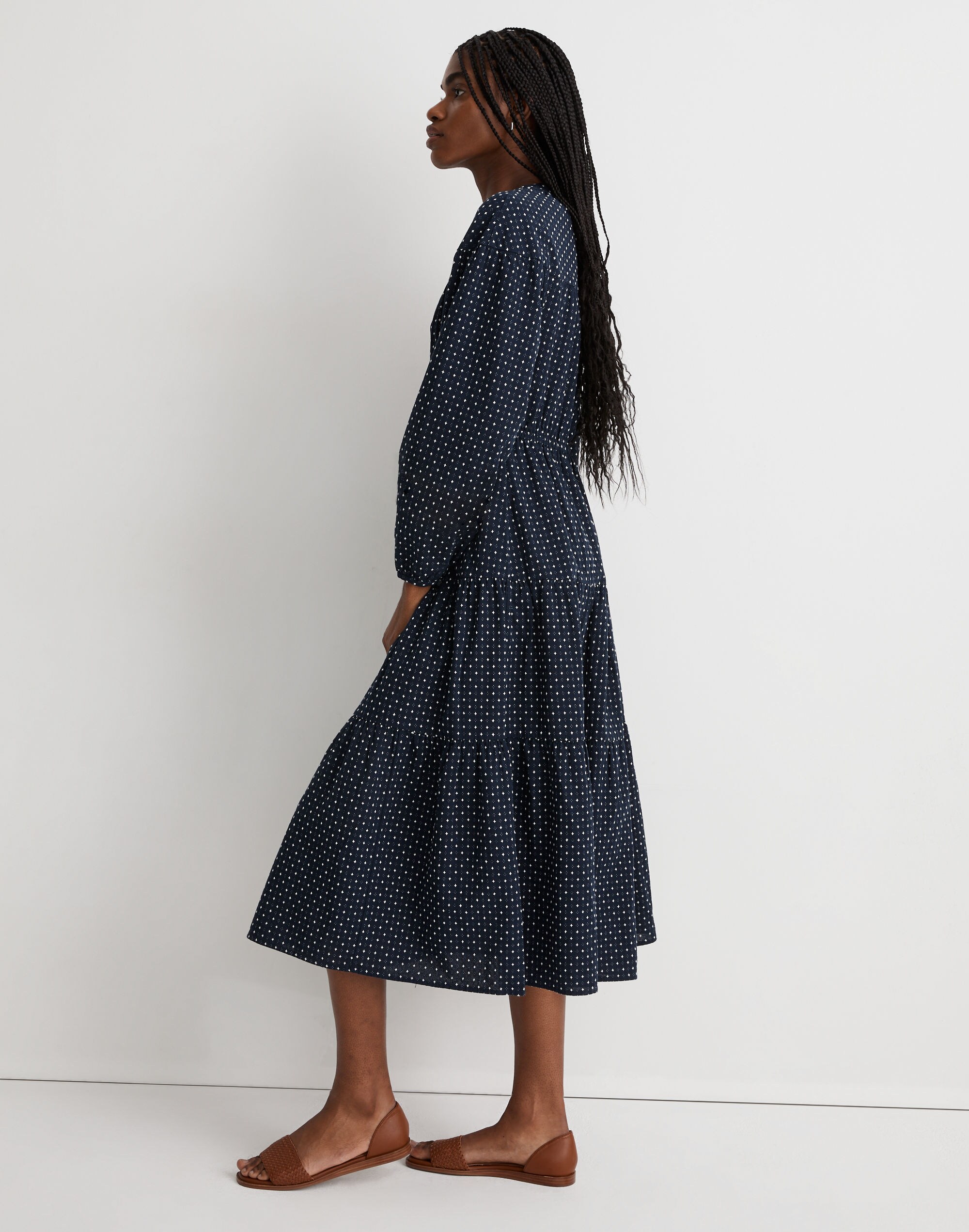 Dobby V-Neck Tiered Midi Dress