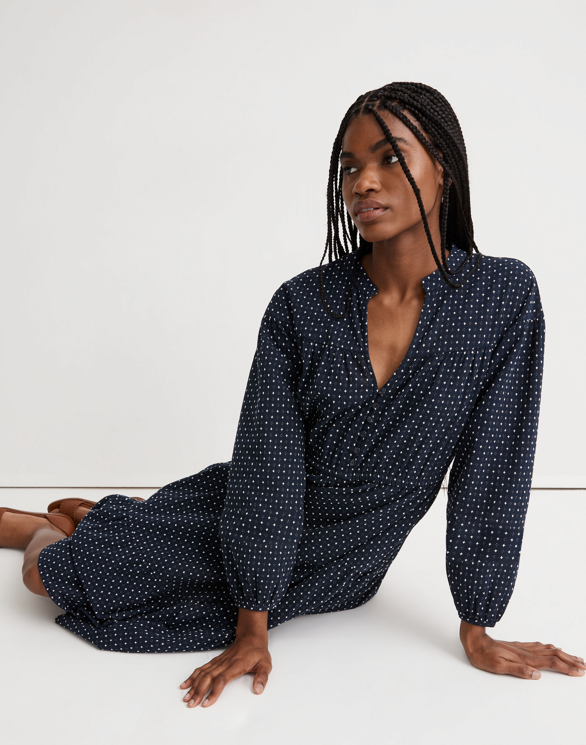 Dobby V-Neck Tiered Midi Dress