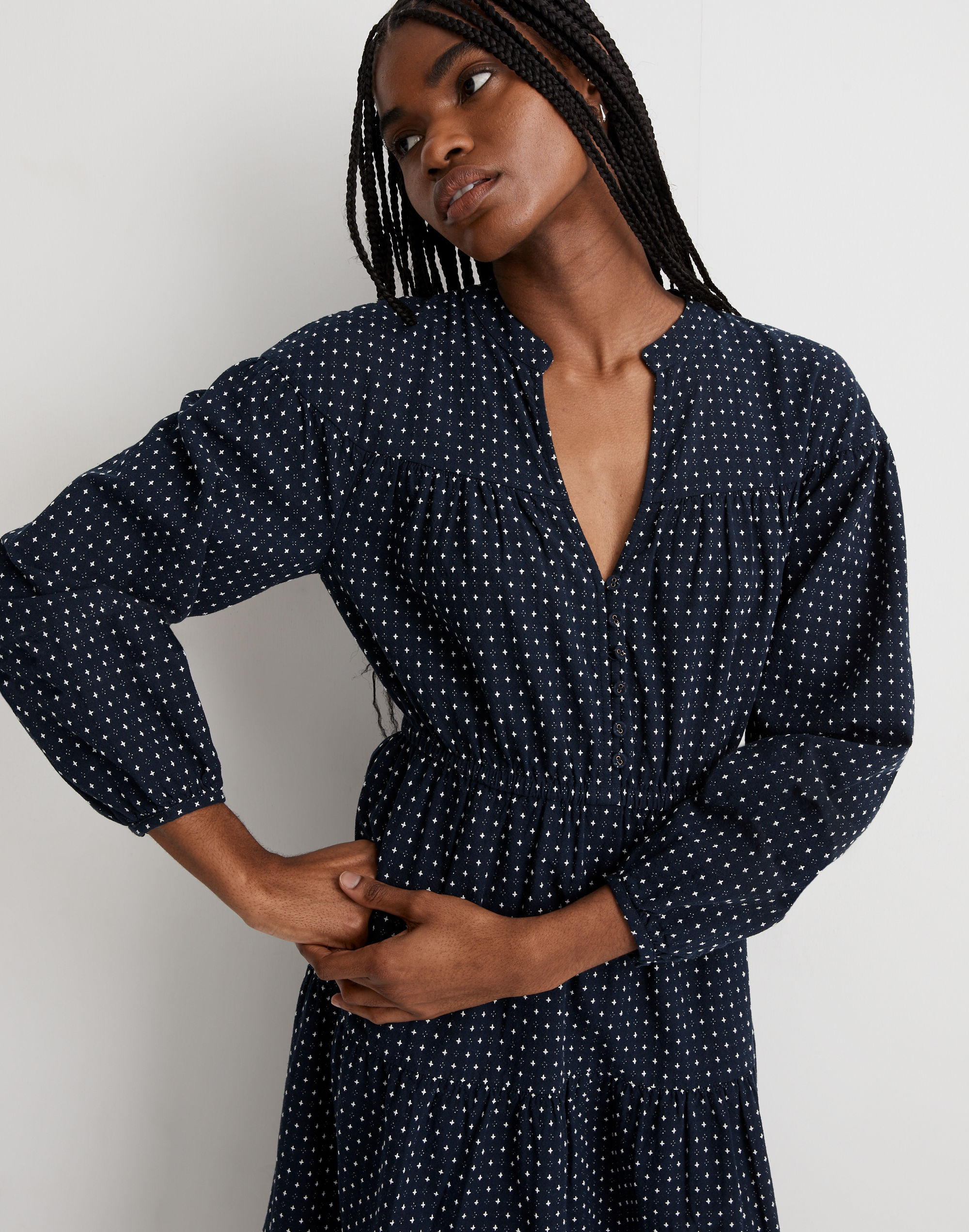 dobby v-neck tiered midi dress