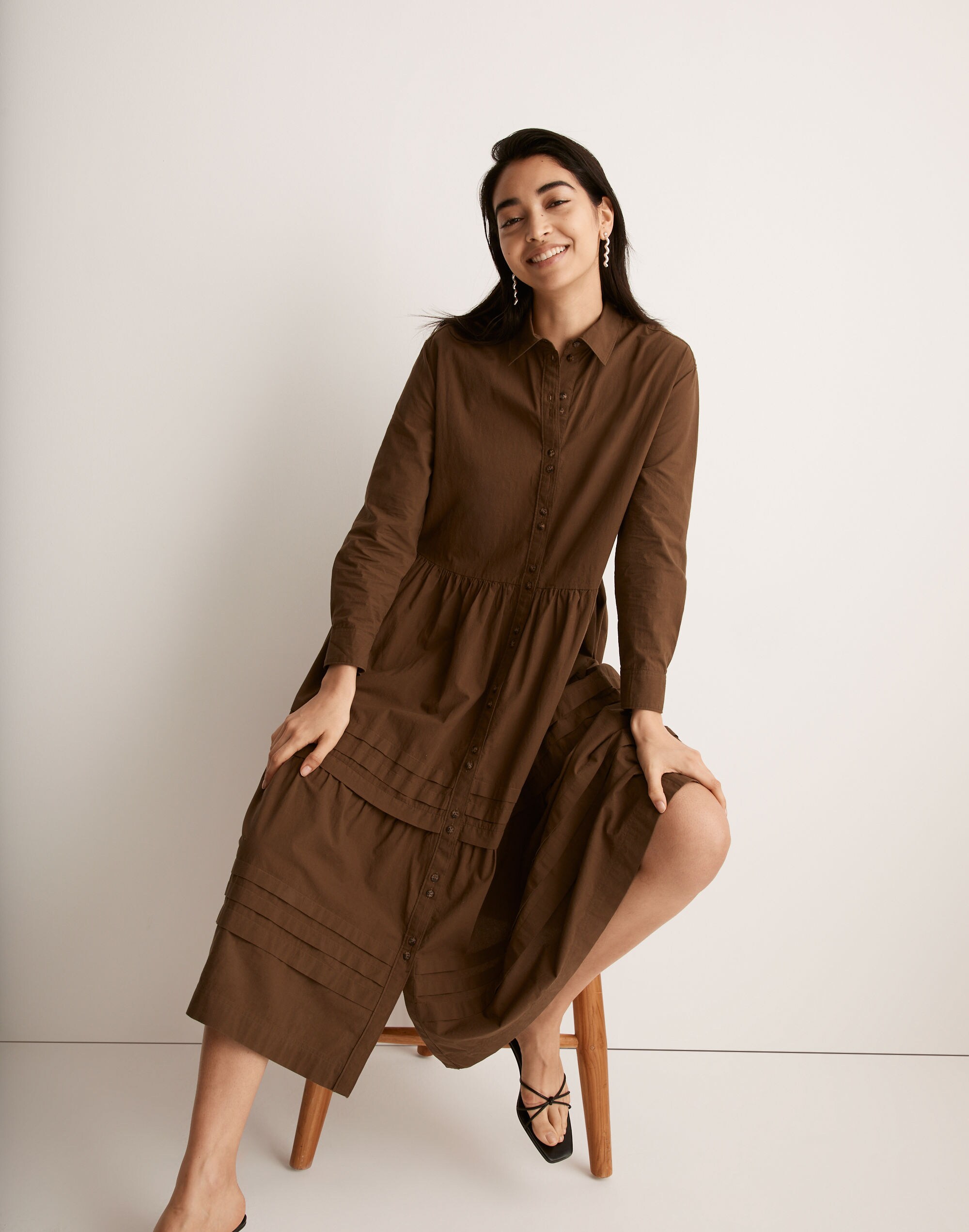 Pleated Utility Midi Shirtdress