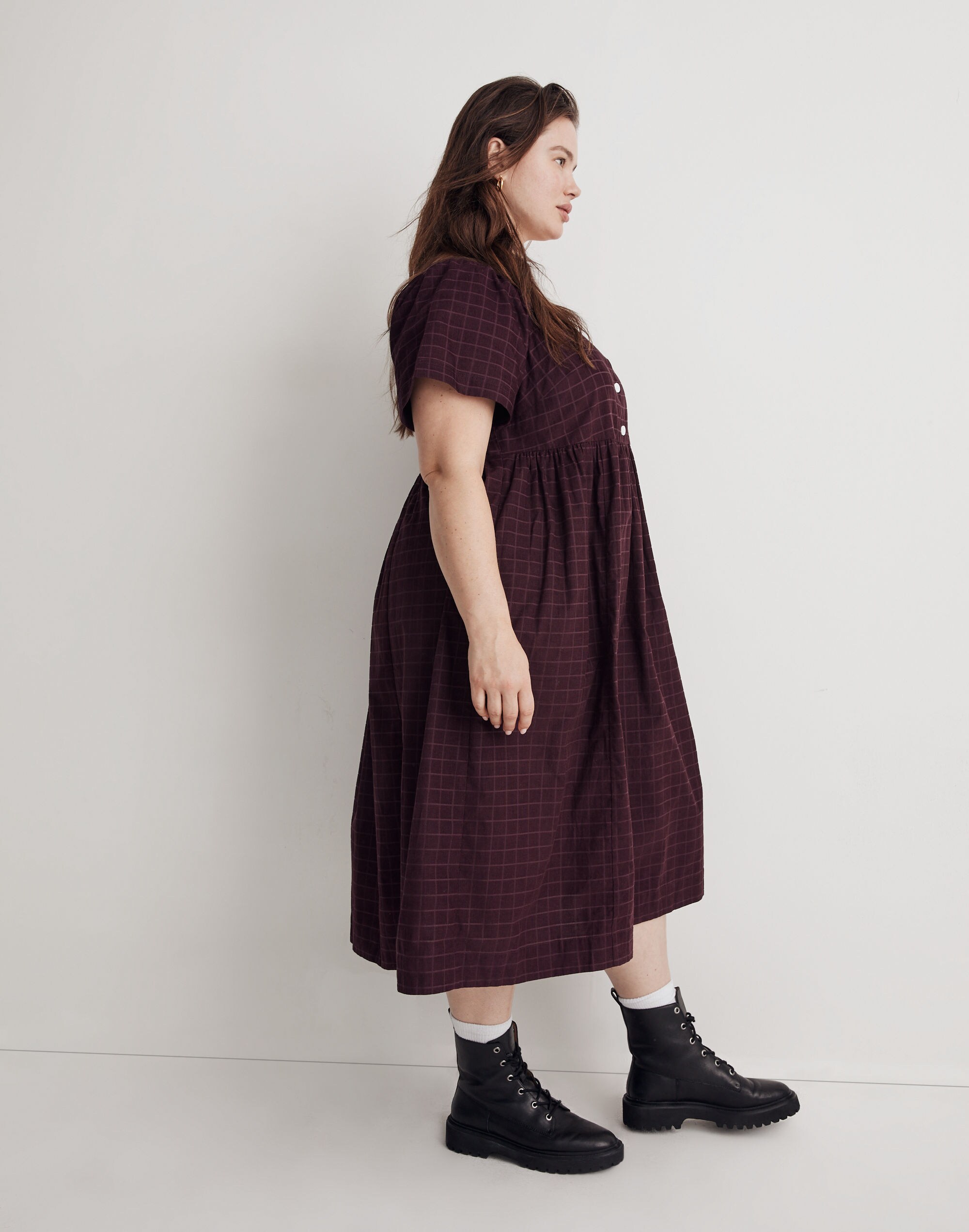 Plus Corduroy Square-Neck Midi Dress in Windowpane