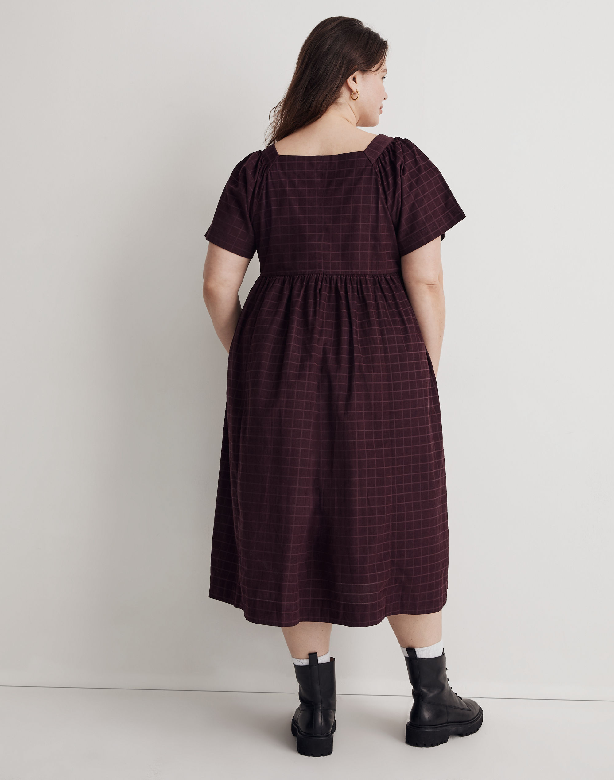 Plus Corduroy Square-Neck Midi Dress in Windowpane