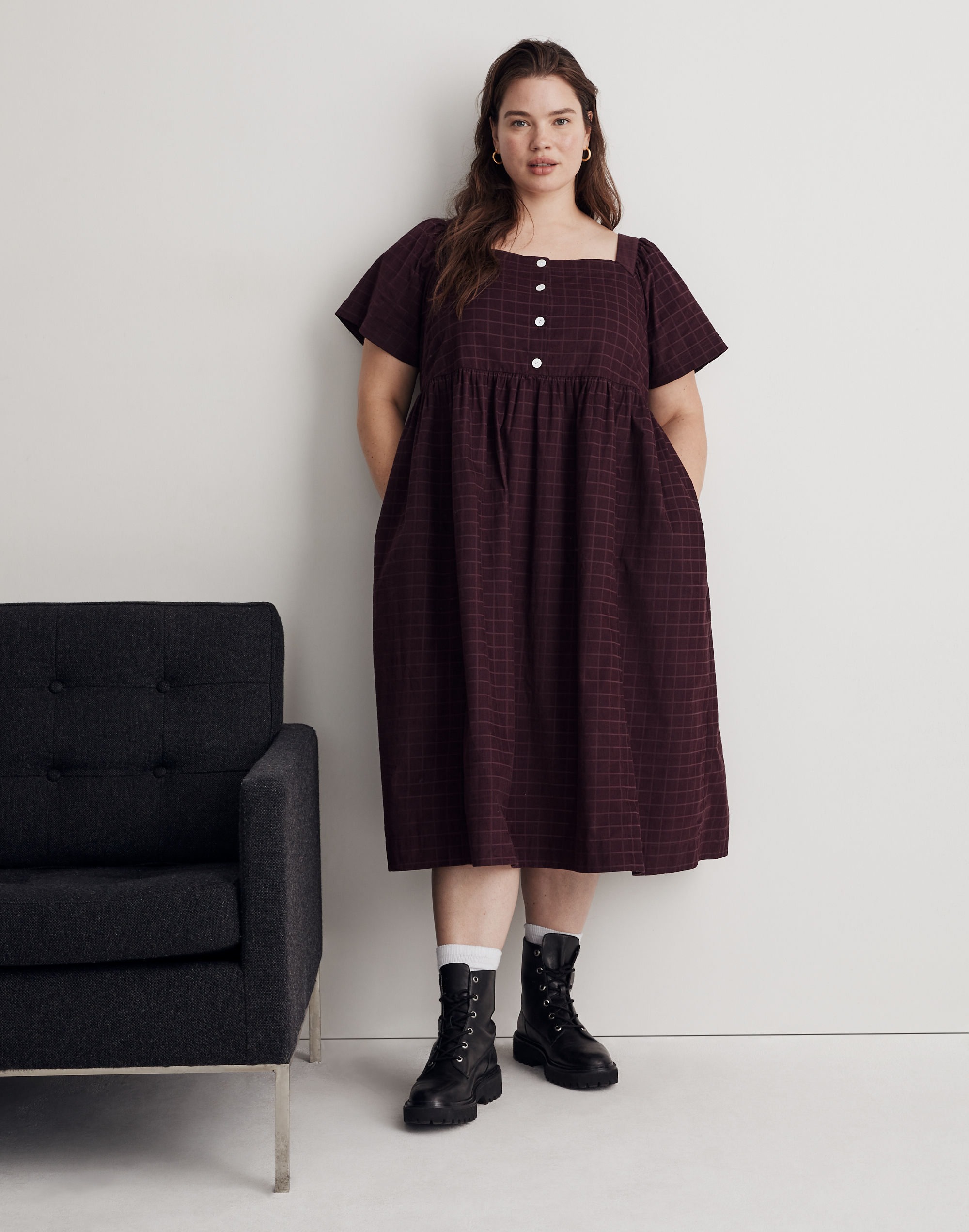 Plus Corduroy Square-Neck Midi Dress in Windowpane