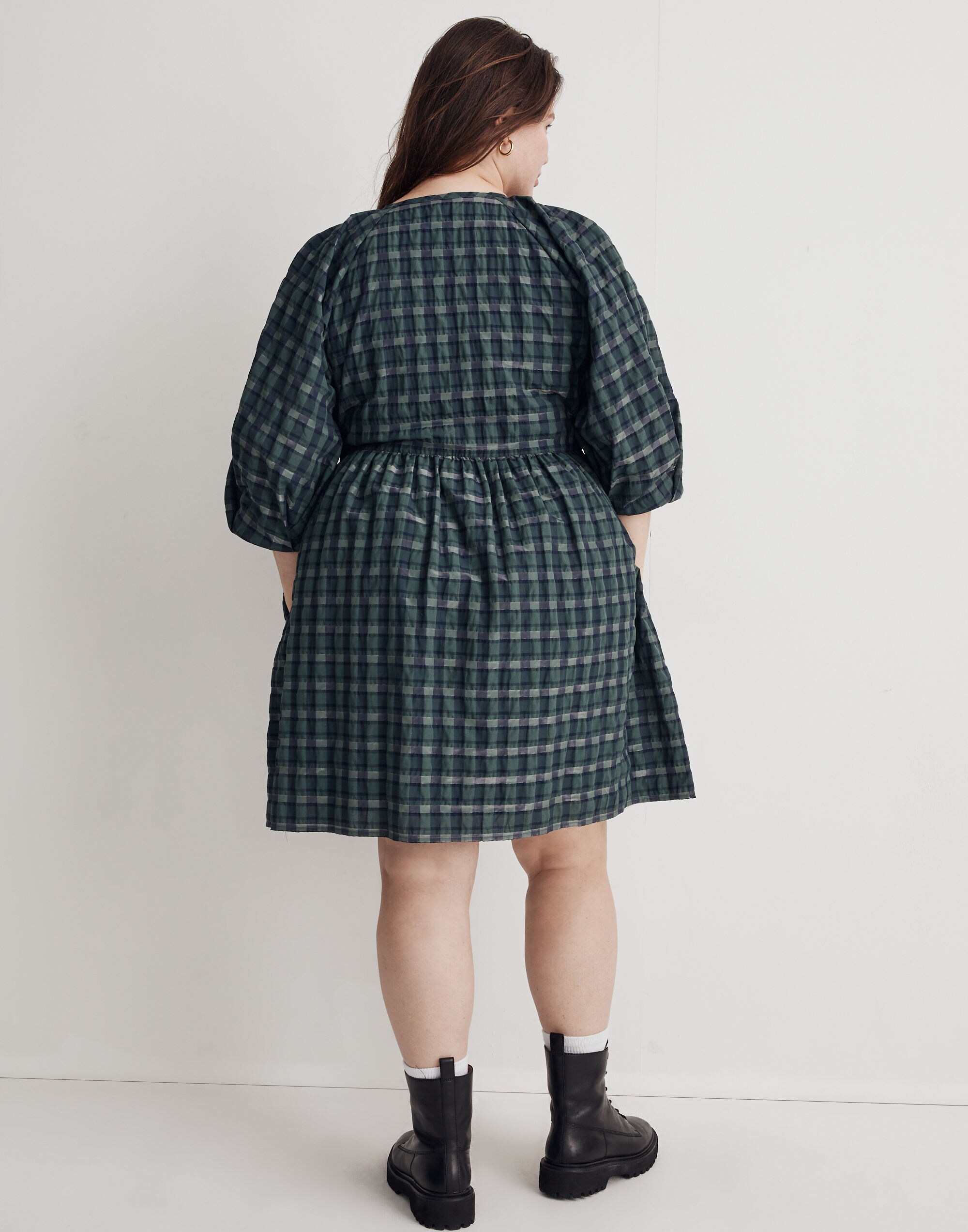 Plus Marianna Puff-Sleeve Mini Dress in Plaid
