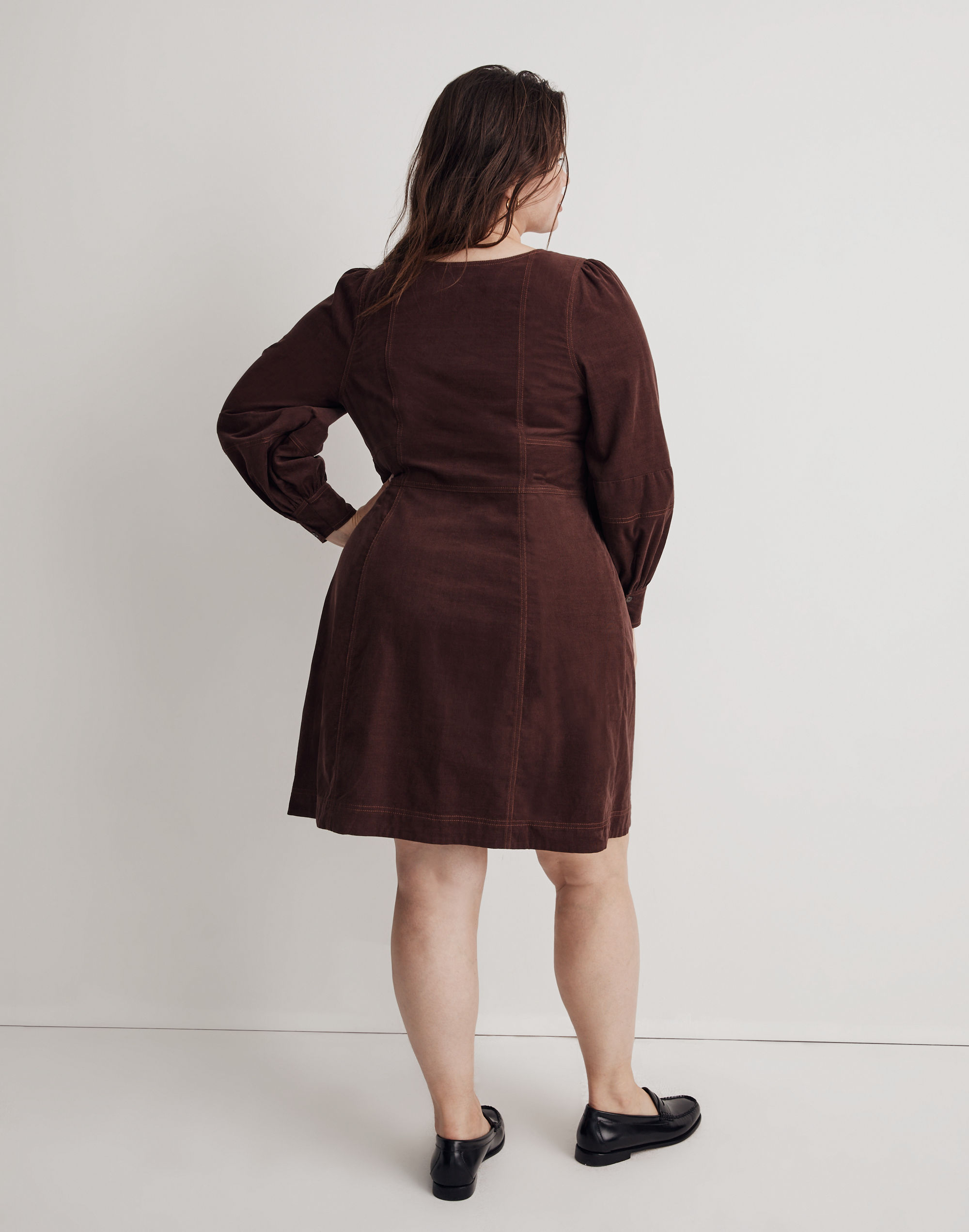 Plus Corduroy Seamed Long-Sleeve Mini Dress