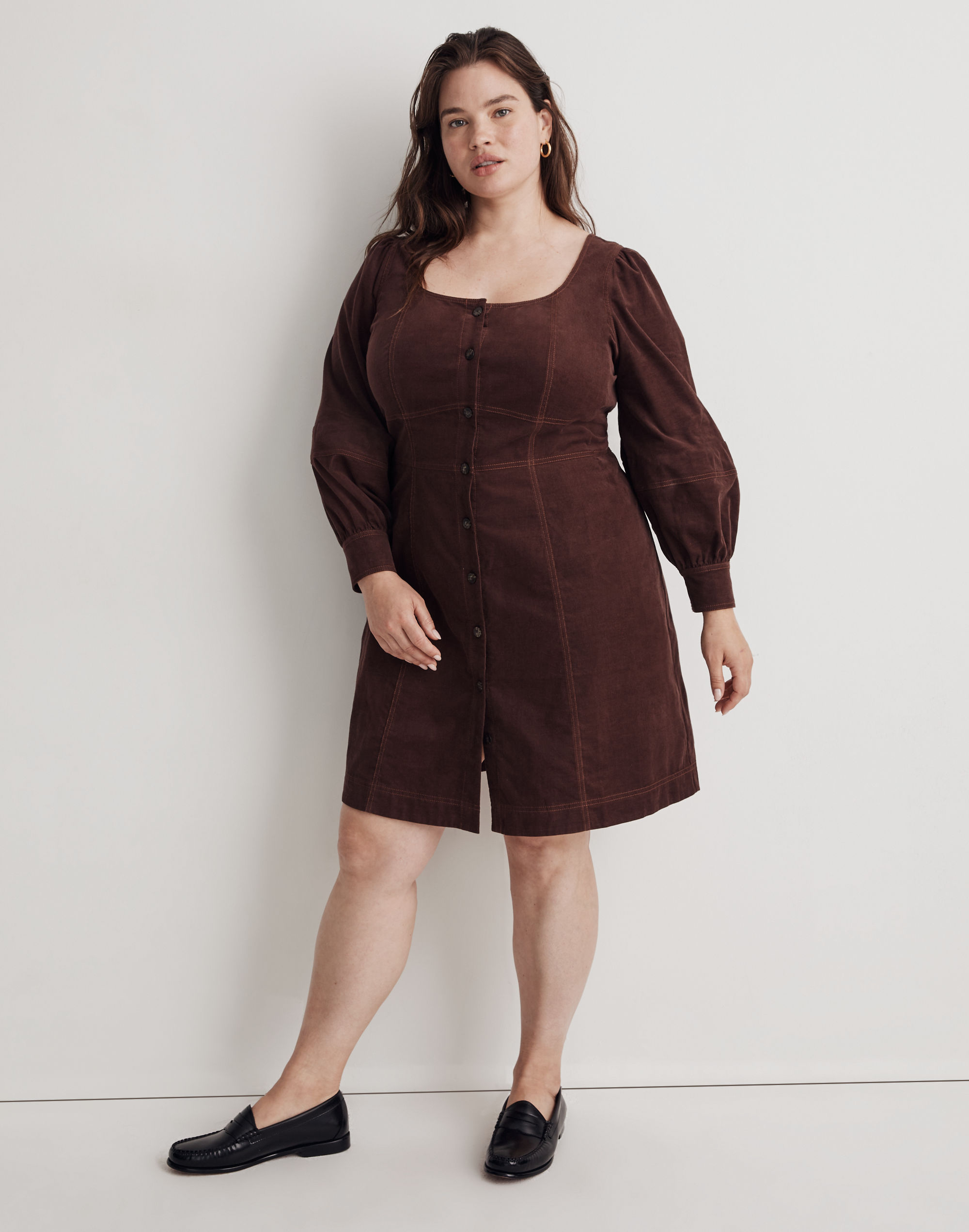 plus corduroy seamed long-sleeve mini dress