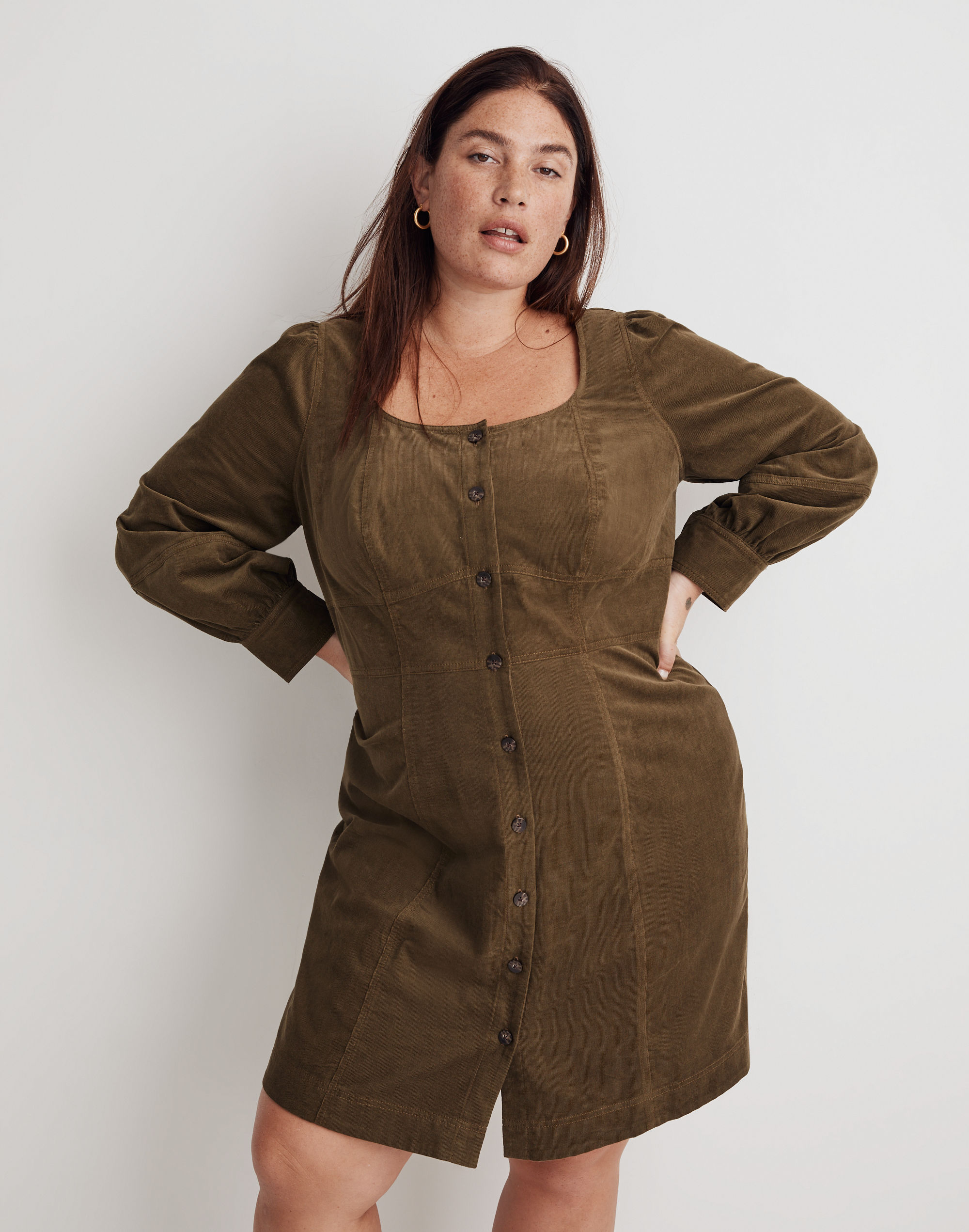 Plus Corduroy Seamed Long-Sleeve Mini Dress