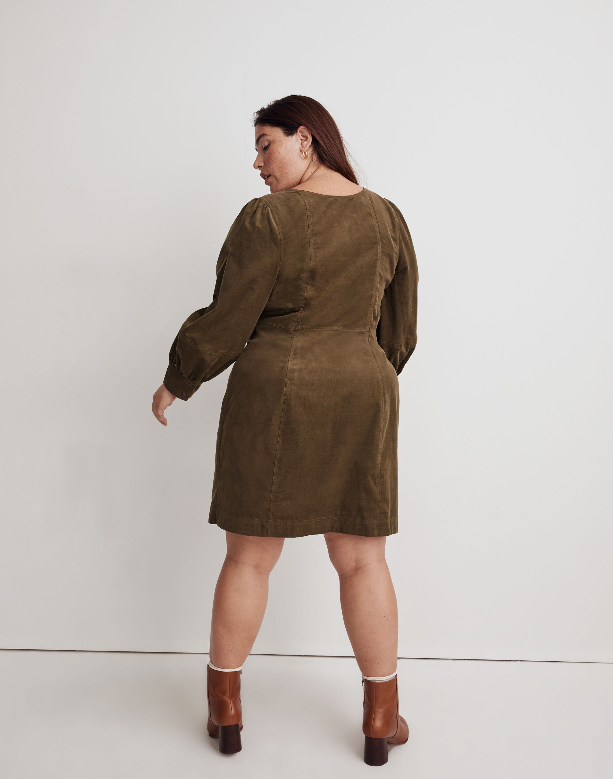 Plus Corduroy Seamed Long-Sleeve Mini Dress