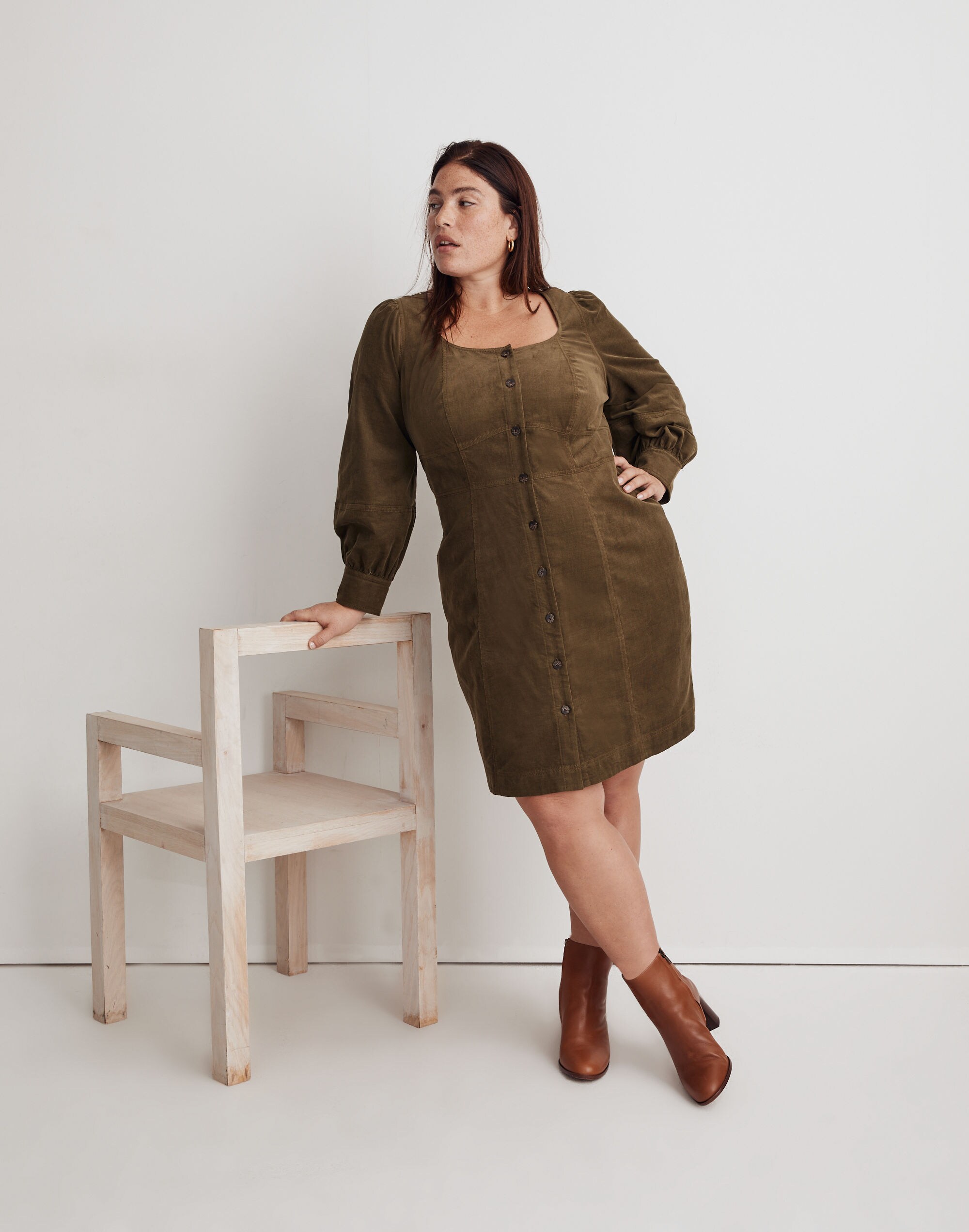 Plus Corduroy Seamed Long-Sleeve Mini Dress