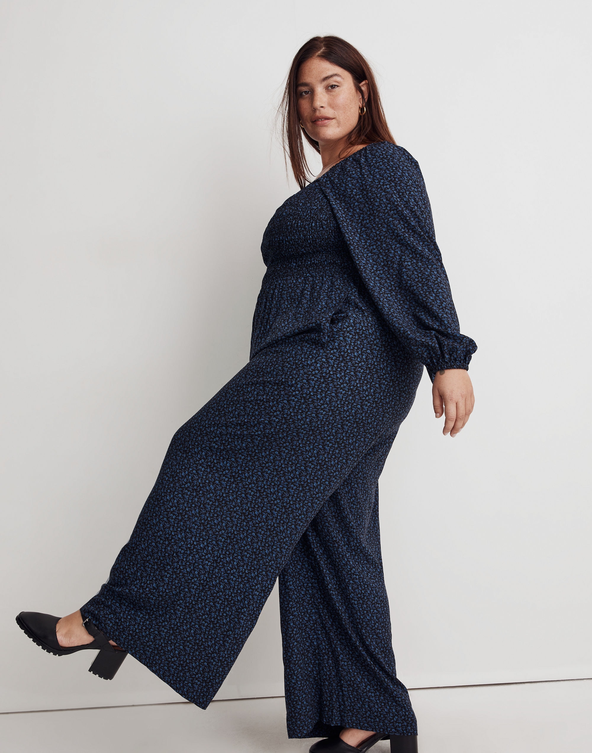 Plus Lucie Tie-Back Long-Sleeve Jumpsuit in Carmine Floral