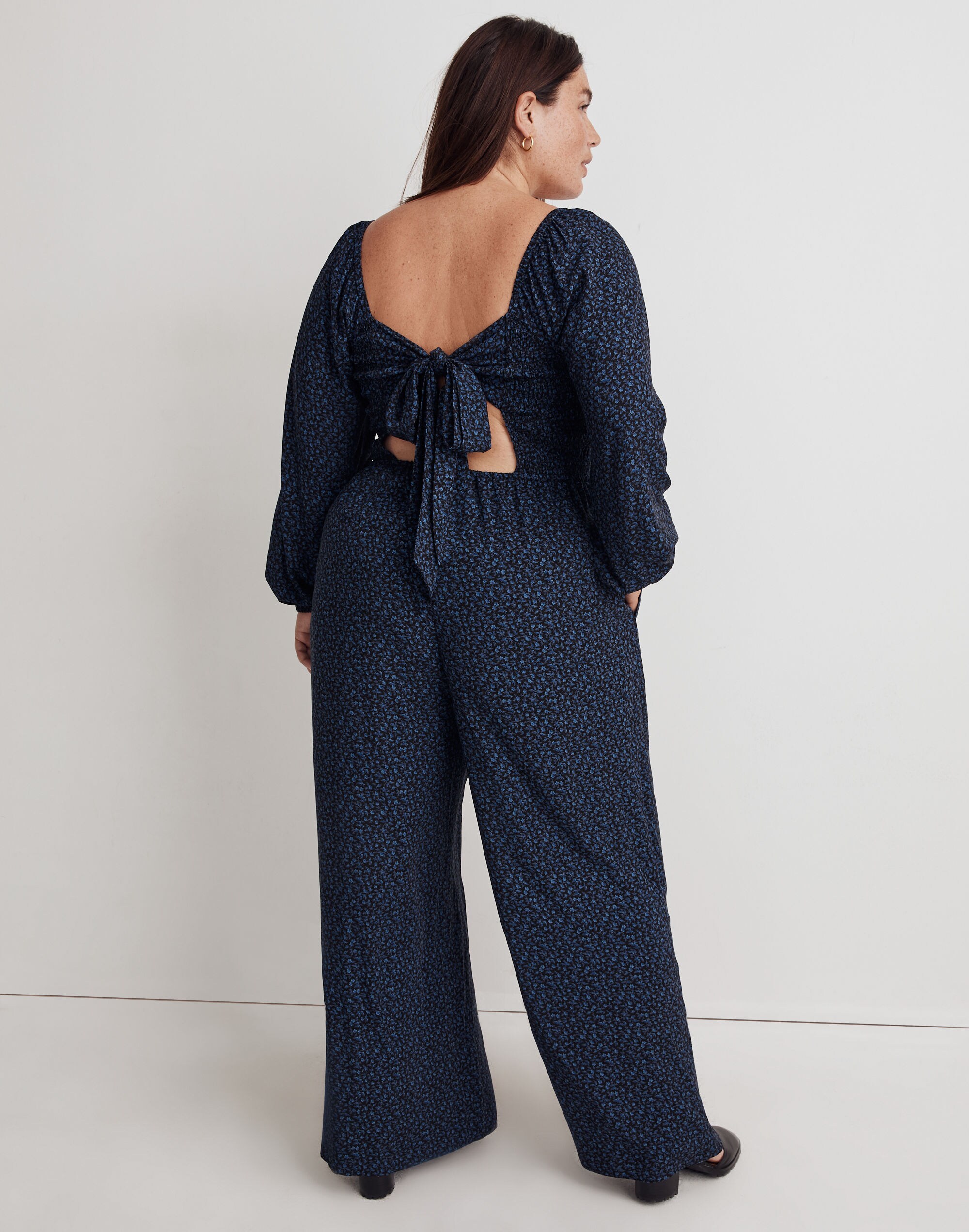 Plus Lucie Tie-Back Long-Sleeve Jumpsuit in Carmine Floral