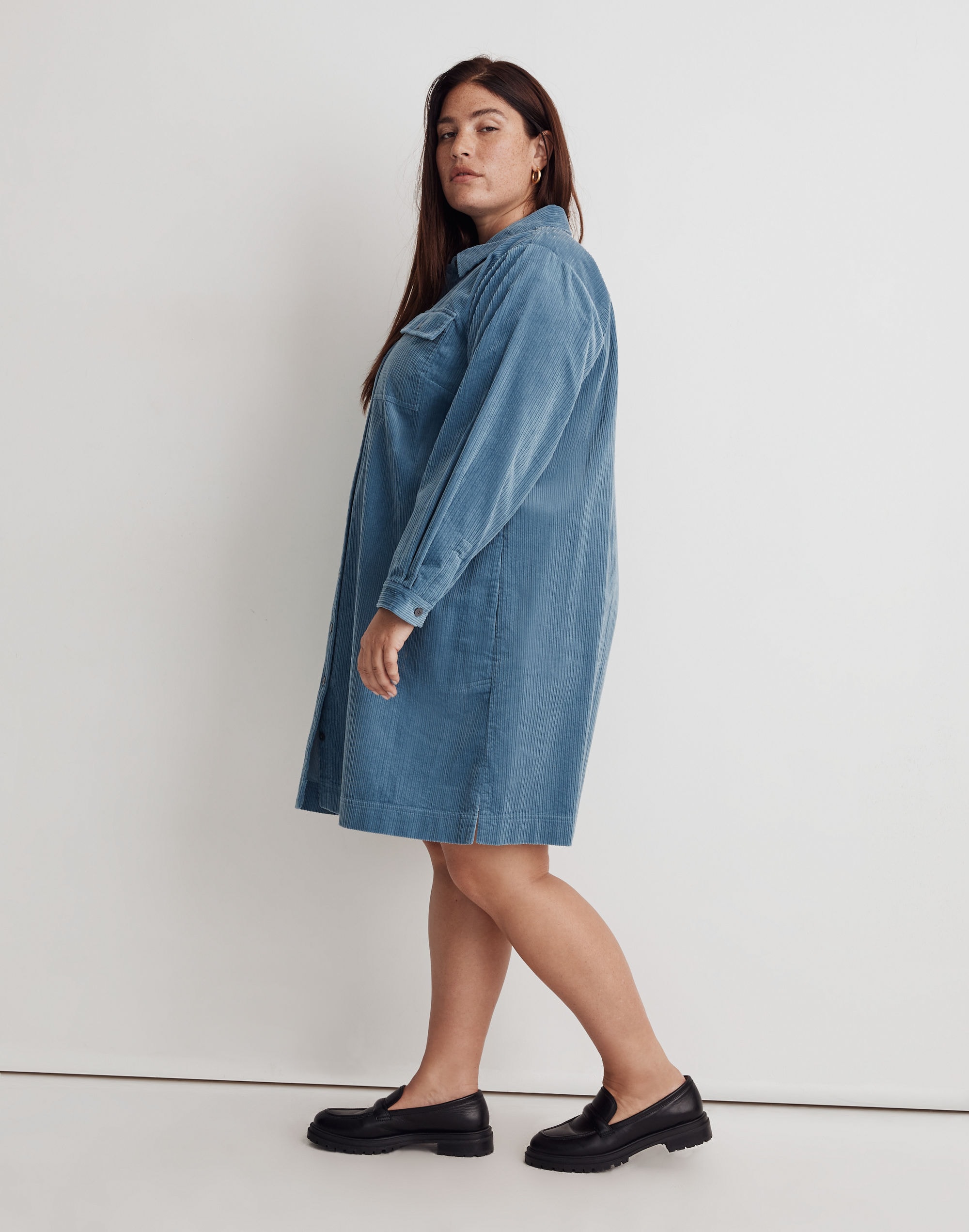 Plus Corduroy Long-Sleeve Mini Shirtdress