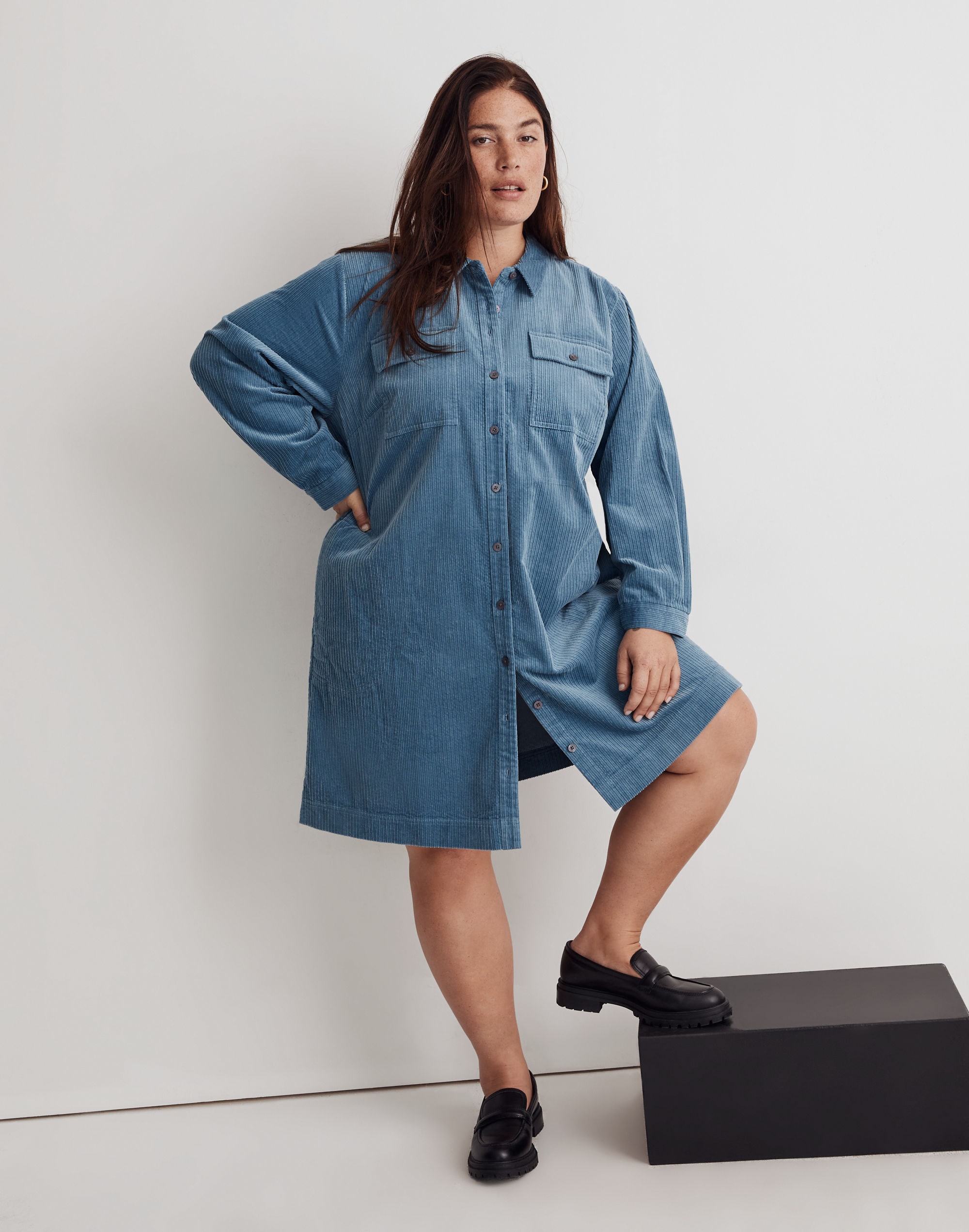 Plus Corduroy Long-Sleeve Mini Shirtdress