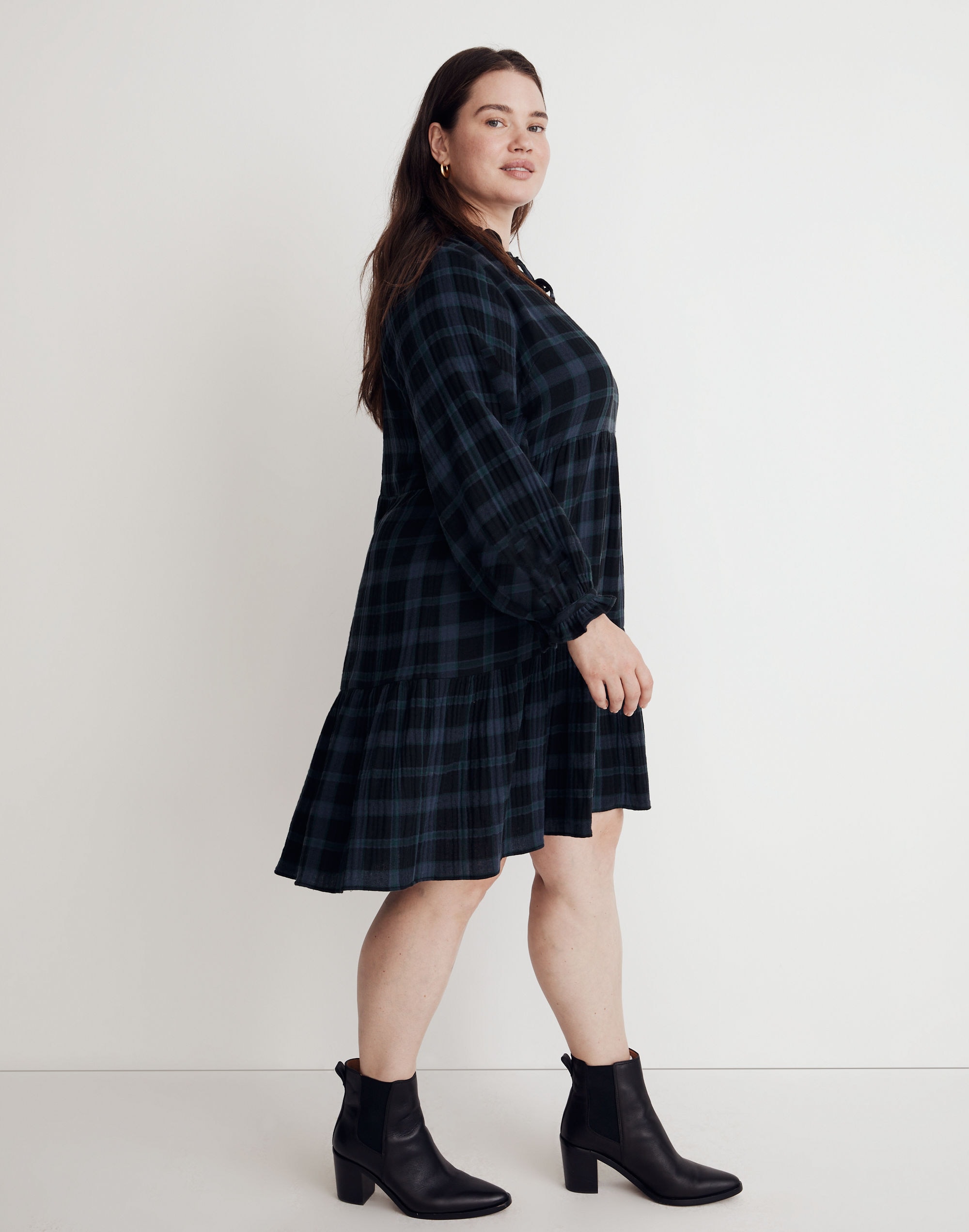 Plus Tie-Neck Tiered Mini Dress in Plaid
