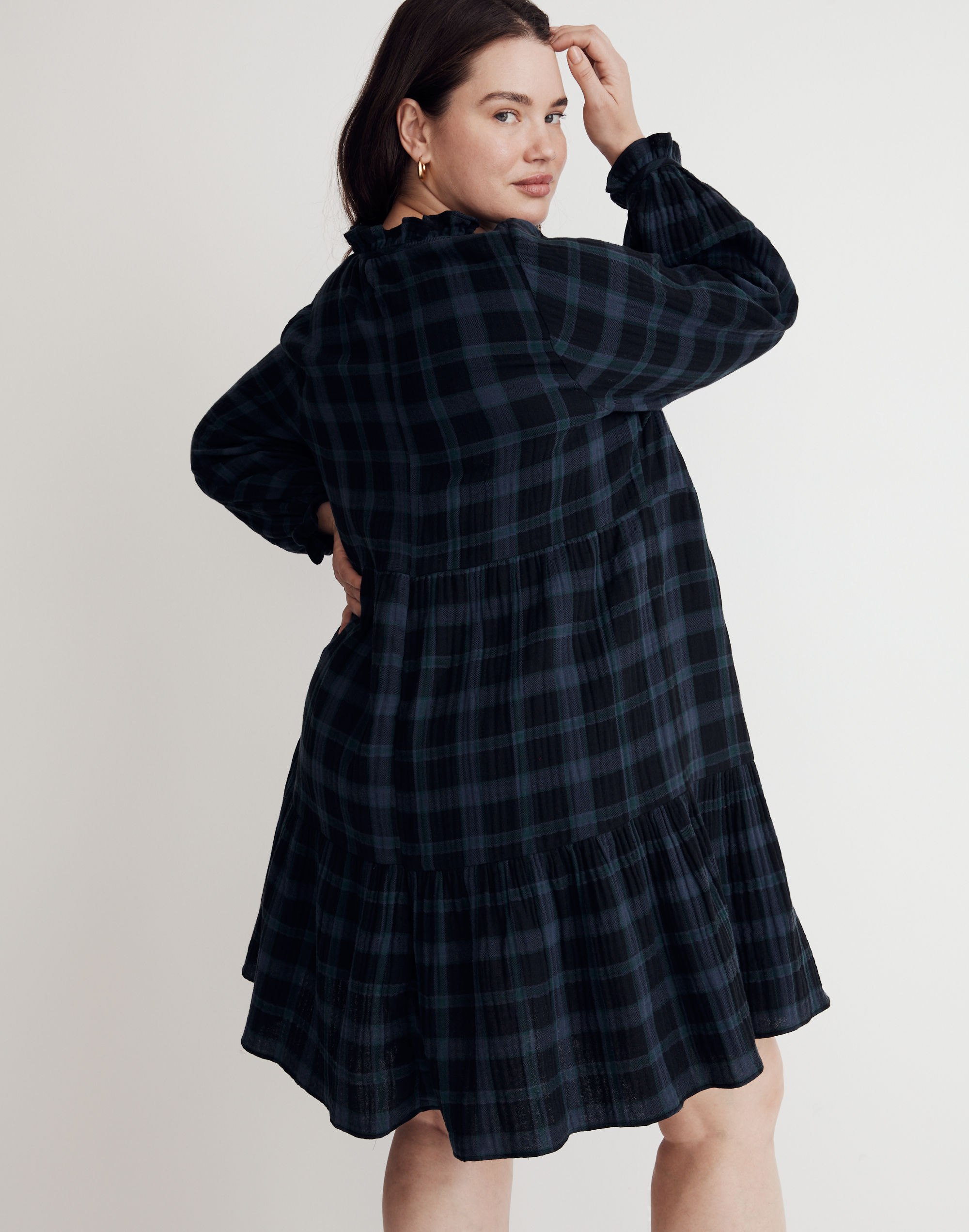 Plus Tie-Neck Tiered Mini Dress in Plaid
