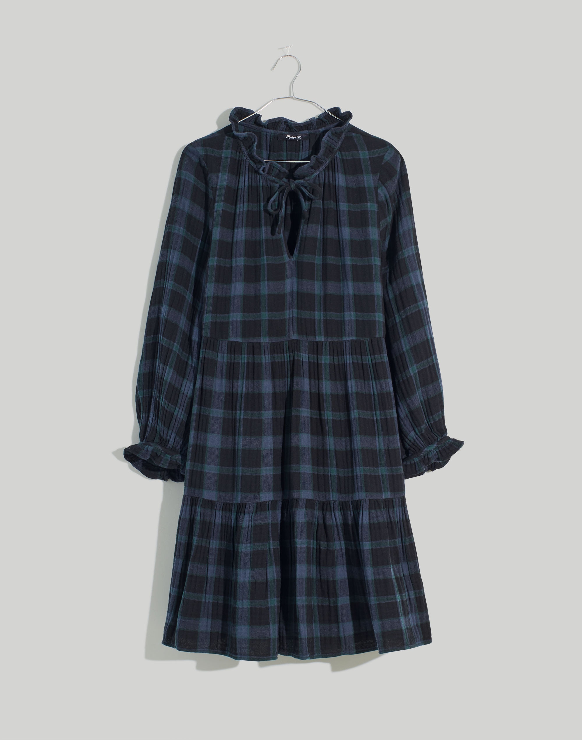 Plus Tie-Neck Tiered Mini Dress in Plaid
