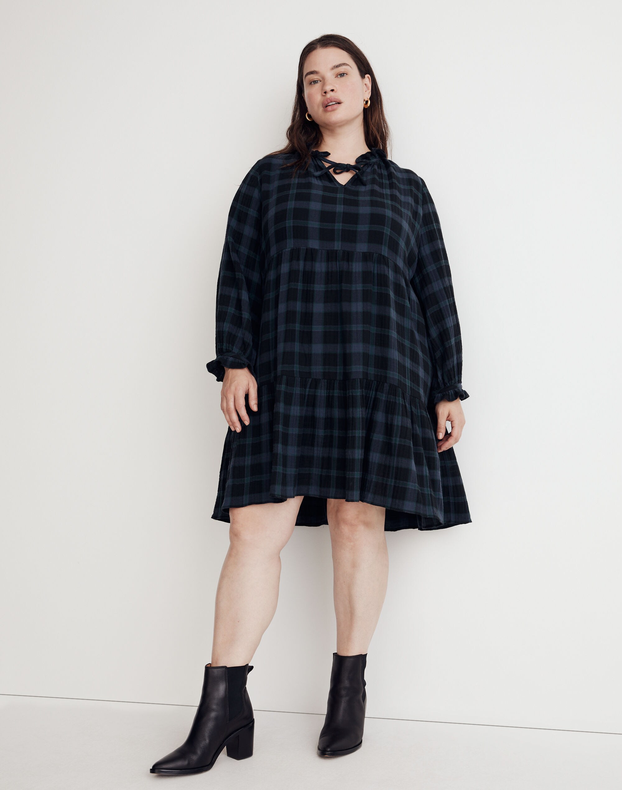 Plus Tie-Neck Tiered Mini Dress in Plaid