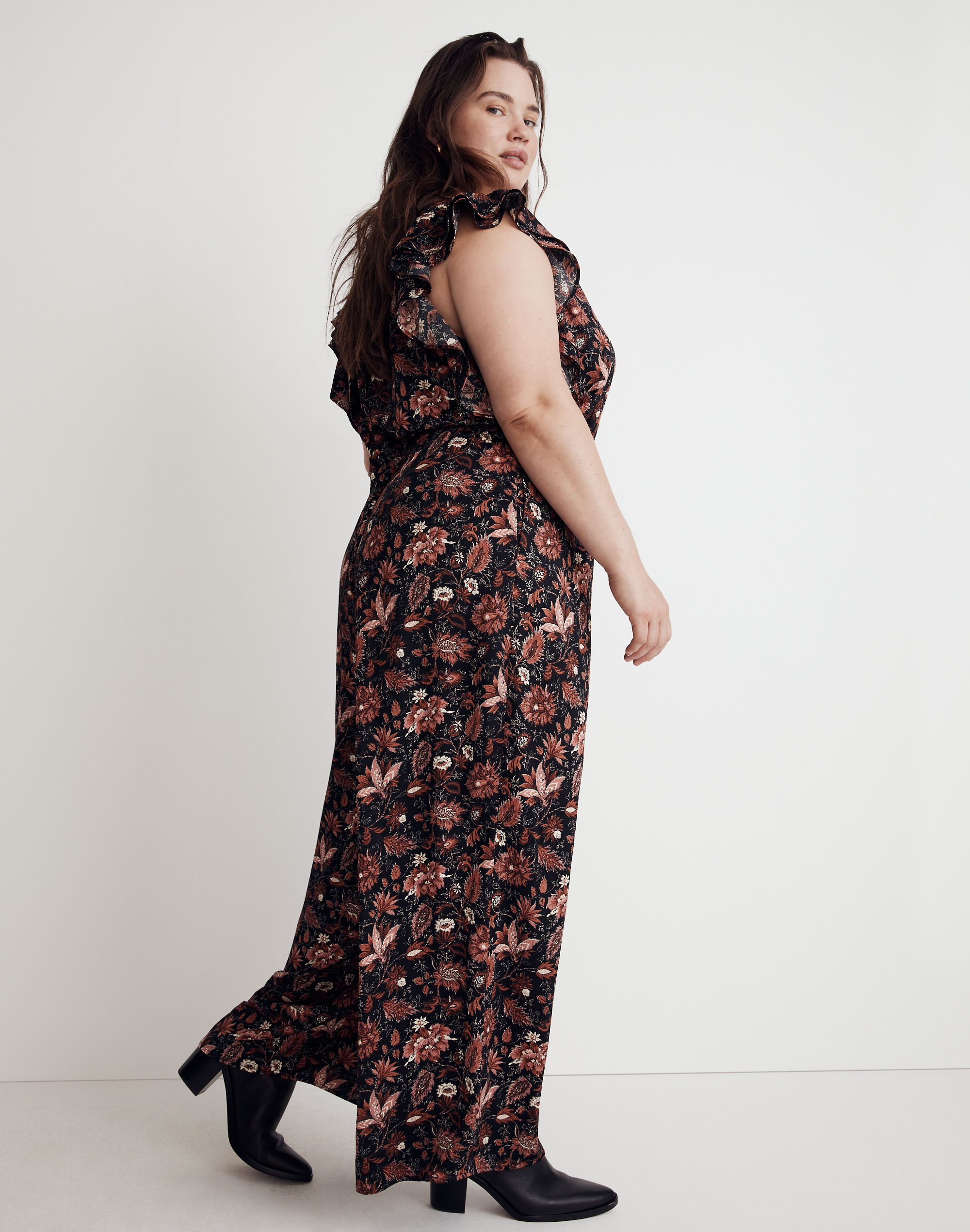 Plus Deep-V Ruffled Jumpsuit in Pampas Blooms