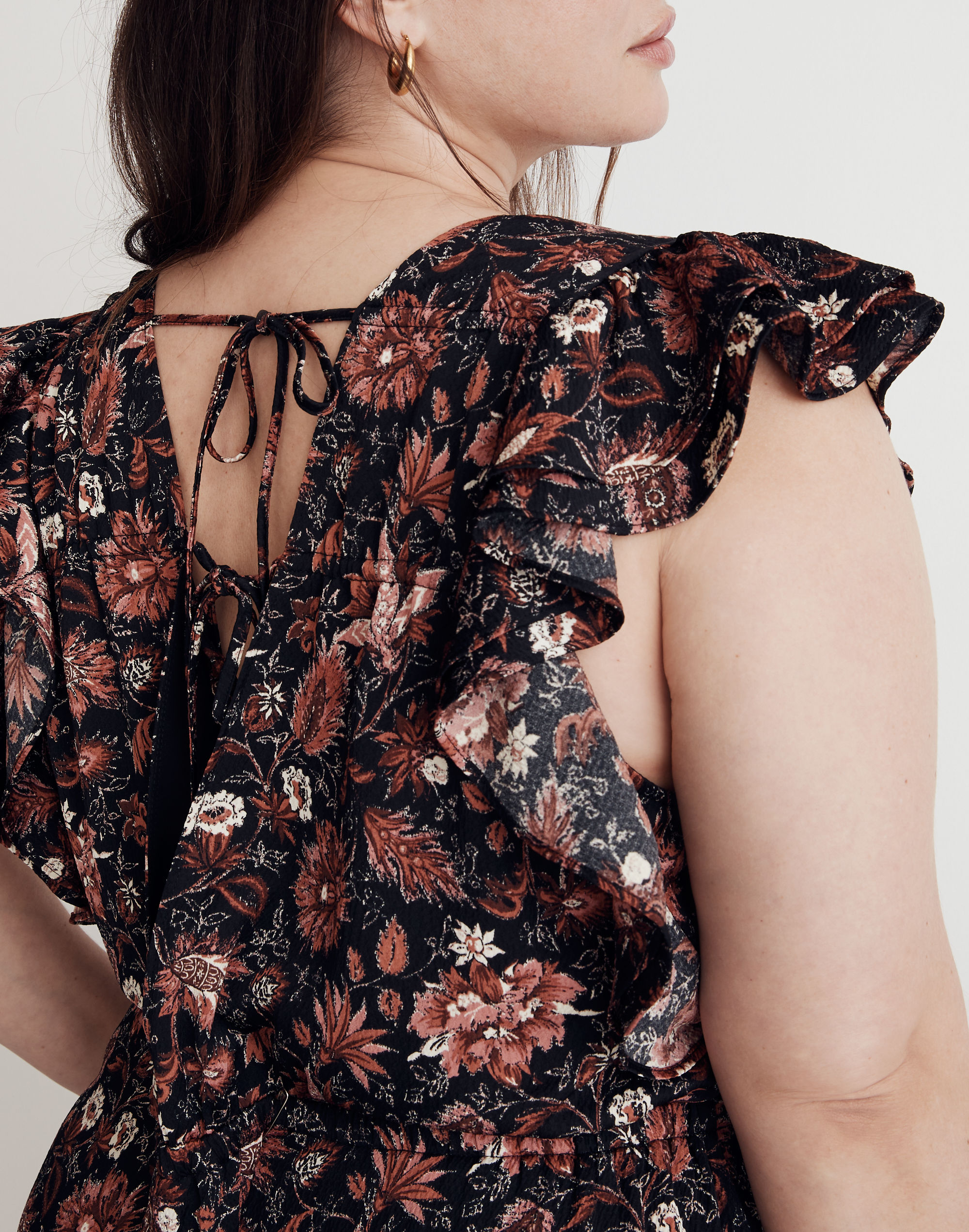 Plus Deep-V Ruffled Jumpsuit in Pampas Blooms