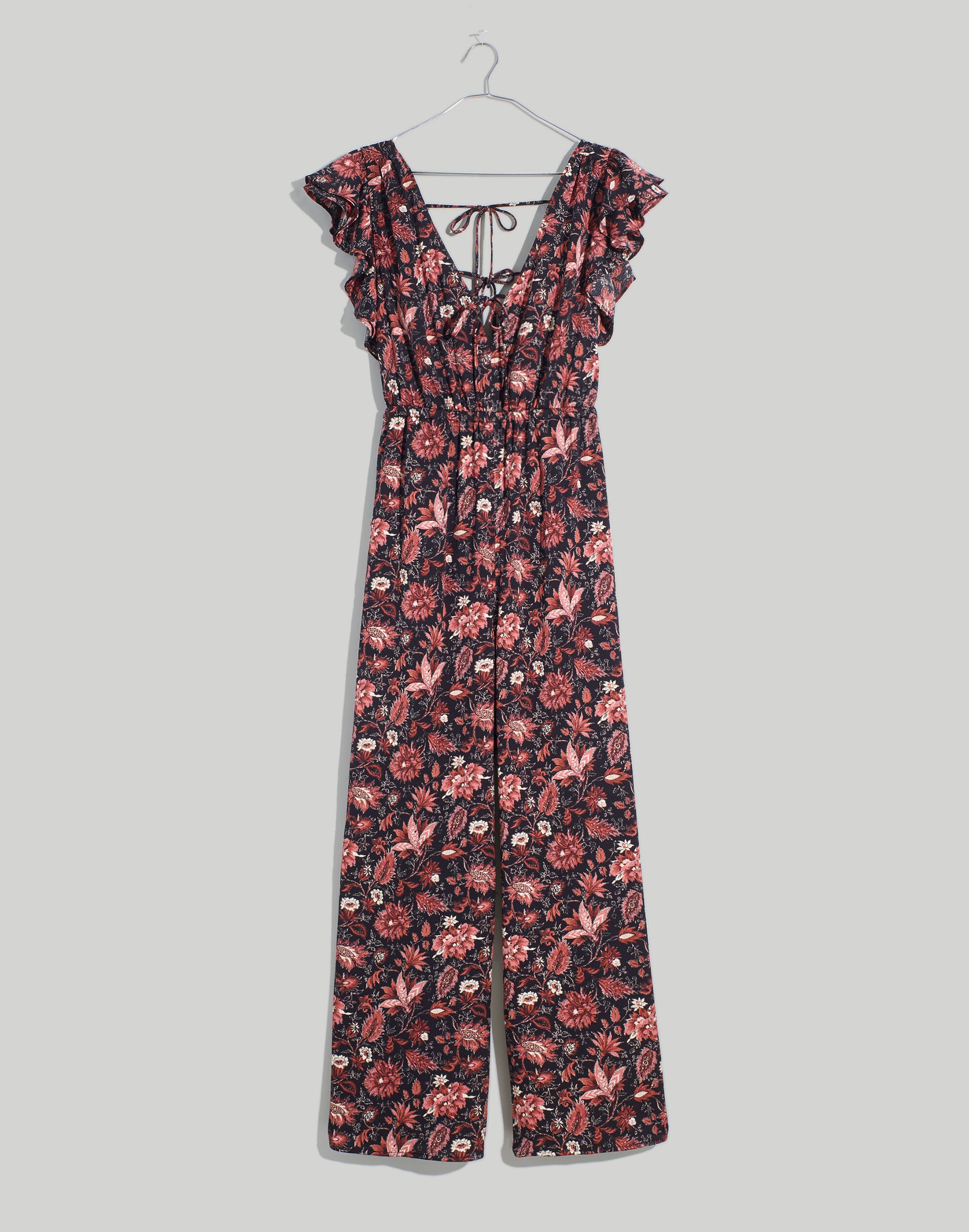Plus Deep-V Ruffled Jumpsuit in Pampas Blooms