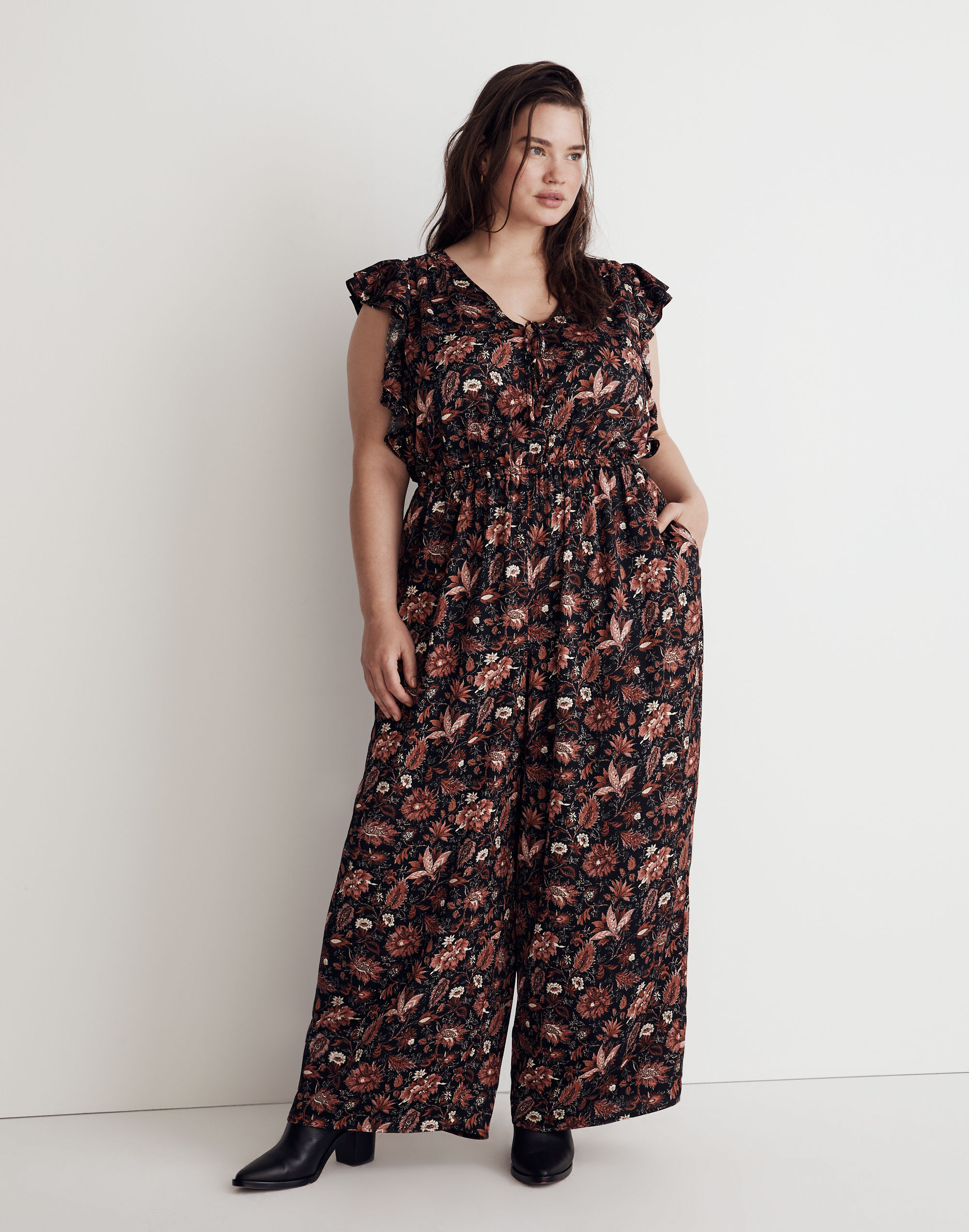 Plus Deep-V Ruffled Jumpsuit in Pampas Blooms