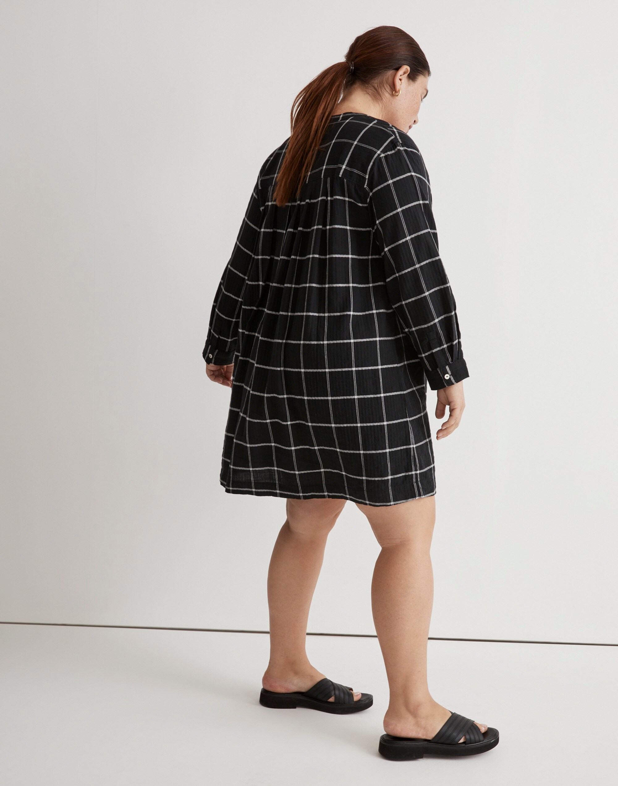Plus Collarless Shirtdress in Windowpane