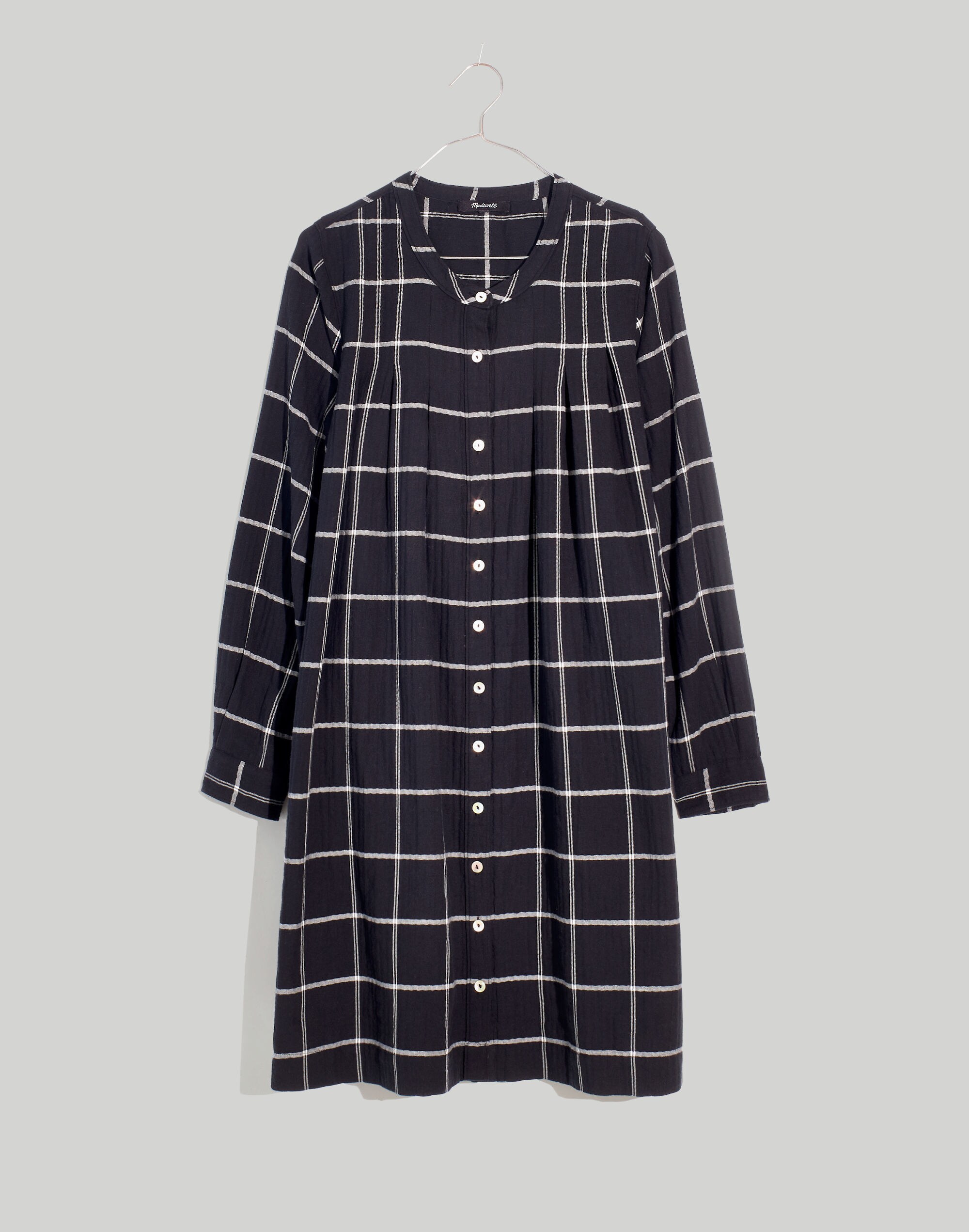 Plus Collarless Shirtdress in Windowpane