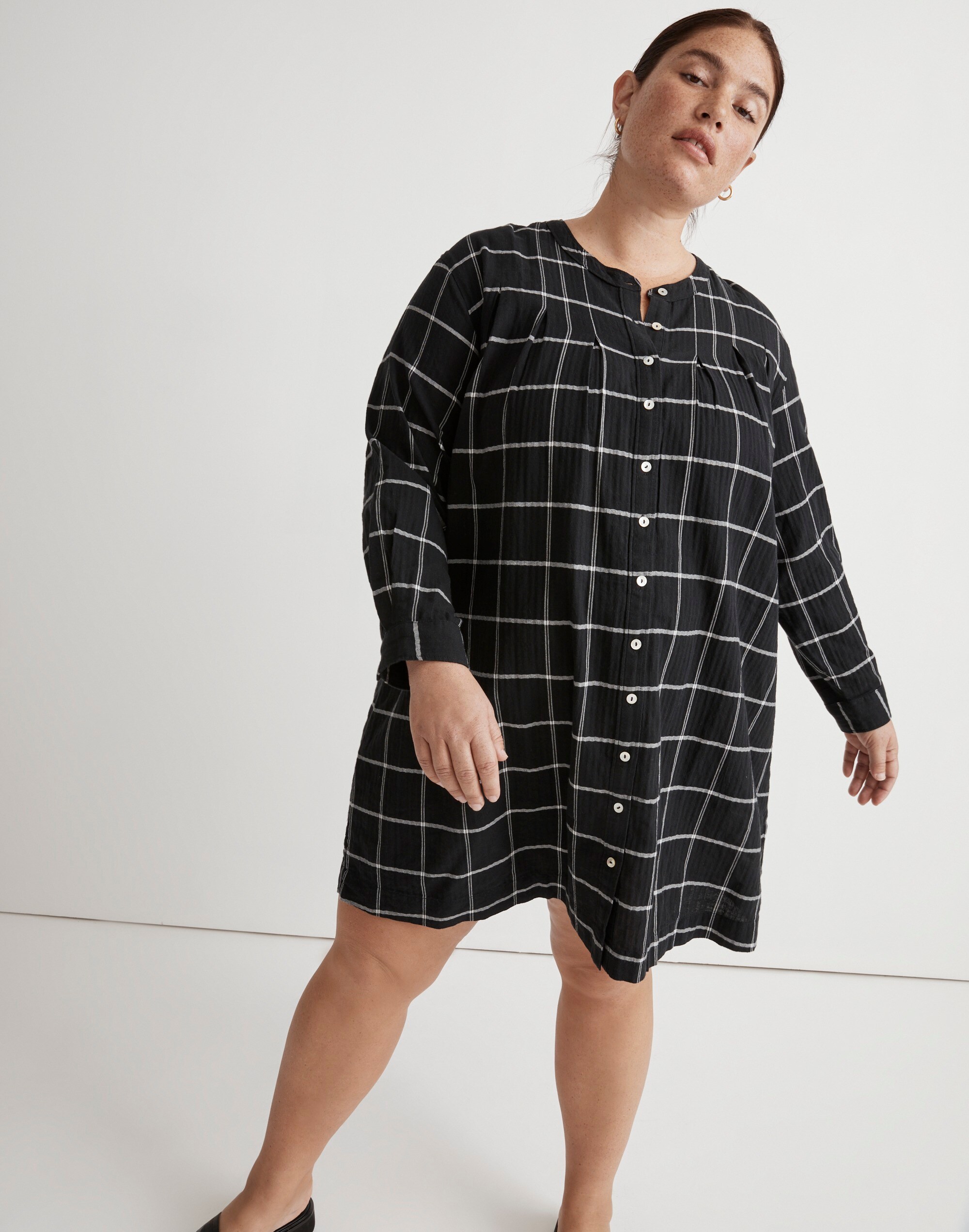 Plus Collarless Shirtdress in Windowpane