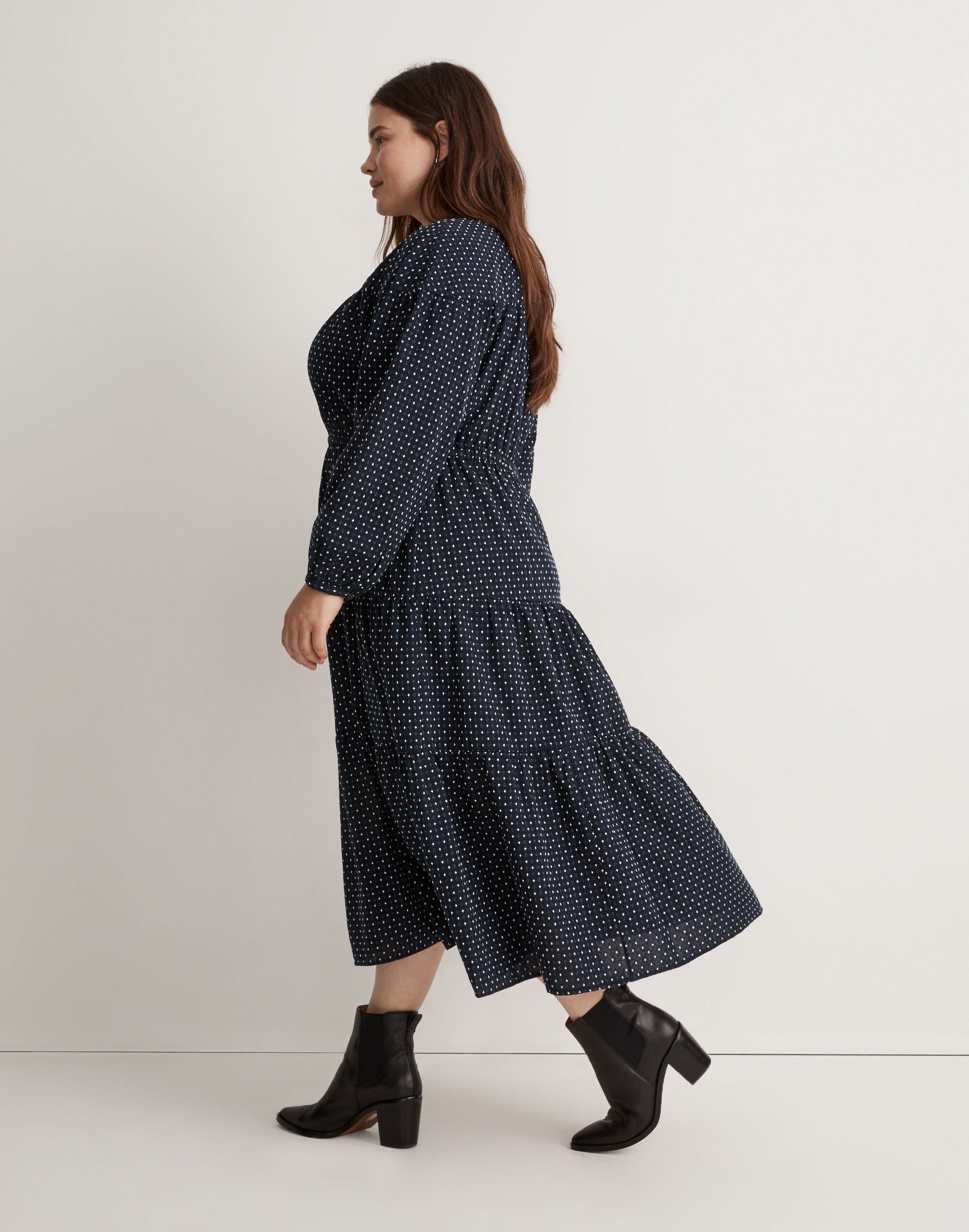 Plus Dobby Tiered V-Neck Midi Dress
