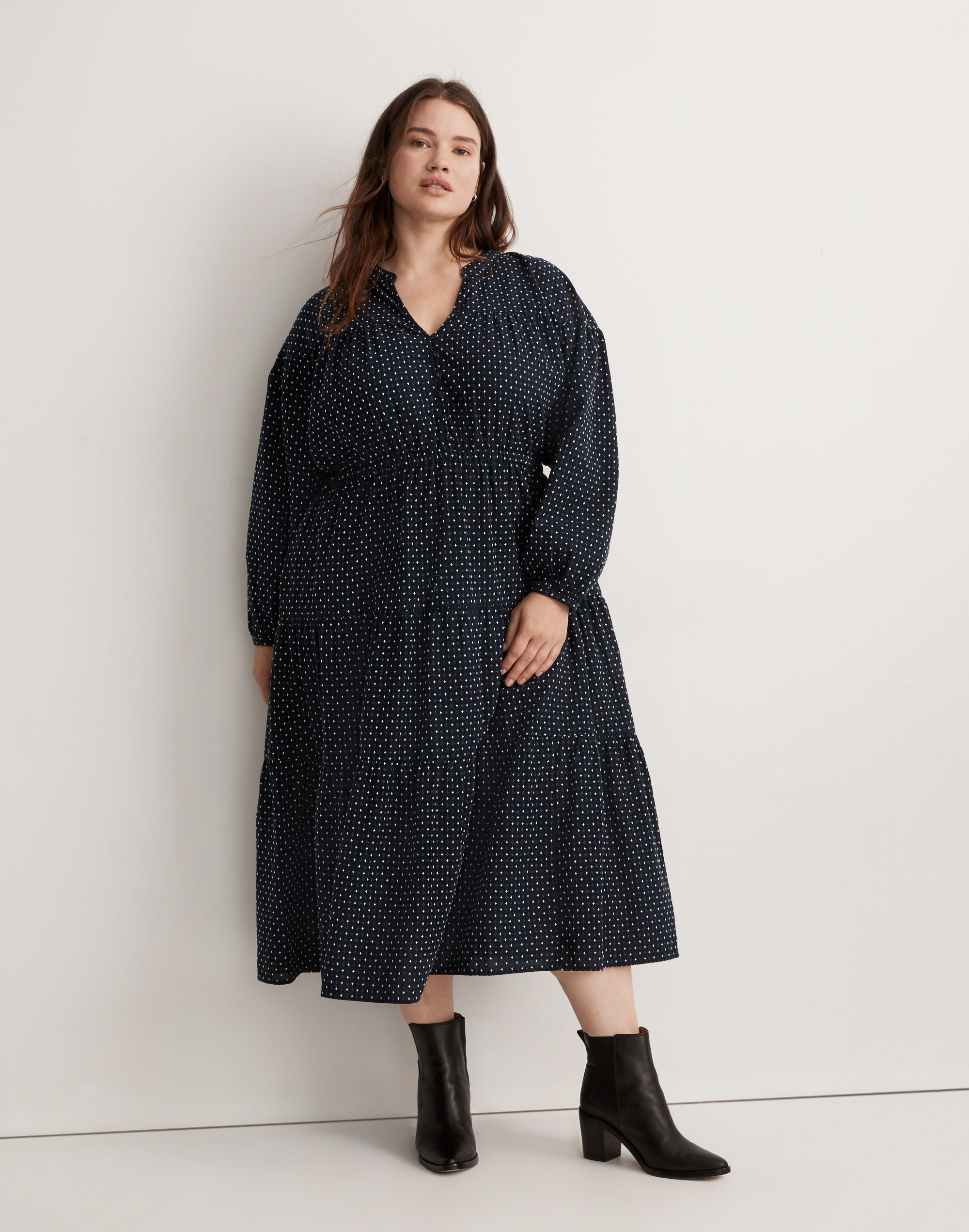 Plus Dobby Tiered V-Neck Midi Dress