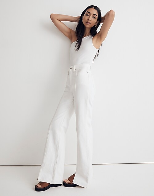Baggy Flare Jeans in Tile White: Front-Slit Edition