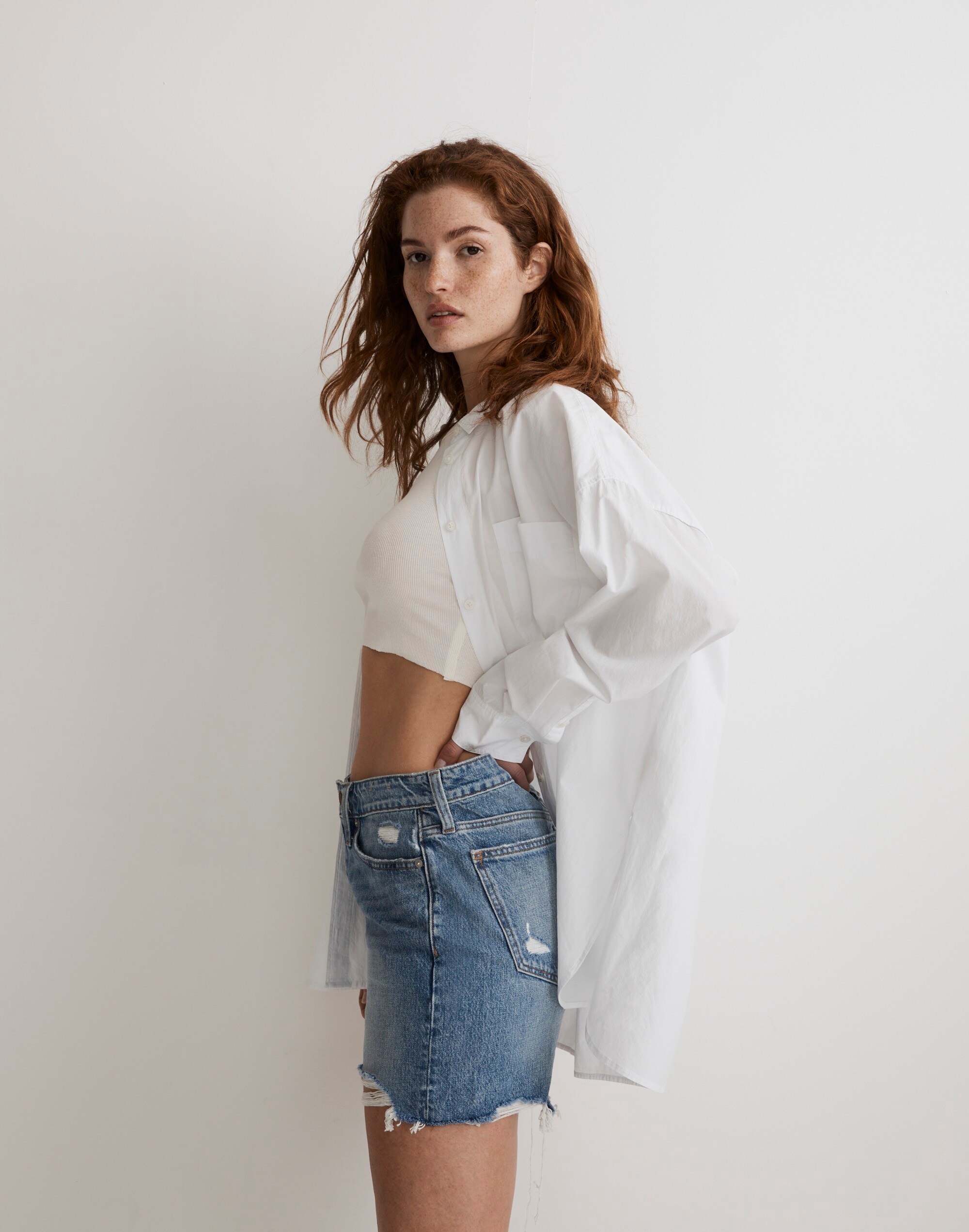 Curvy Relaxed Mid-Length Denim Shorts in Brockport Wash: Ripped Edition