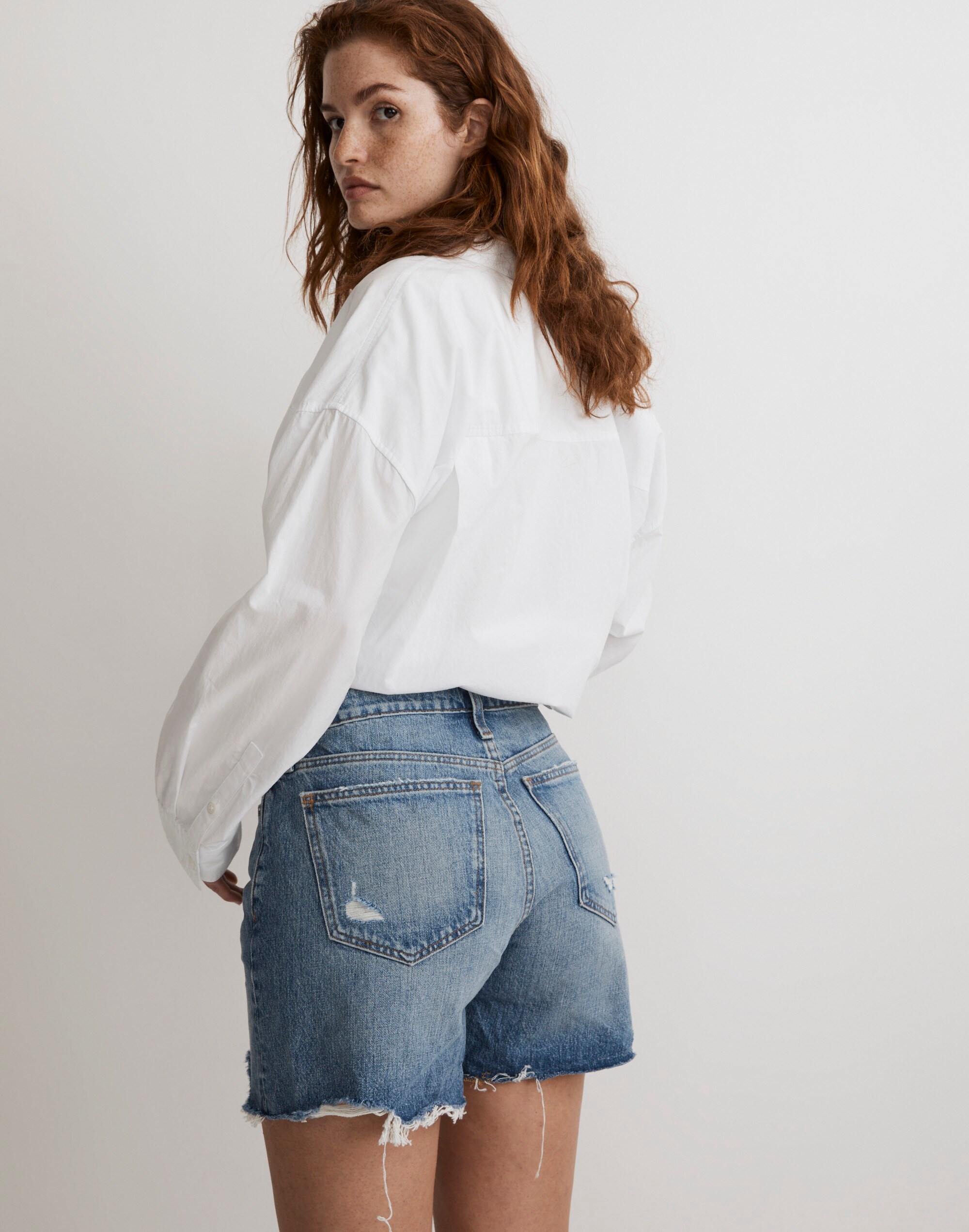 Curvy Relaxed Mid-Length Denim Shorts in Brockport Wash: Ripped Edition