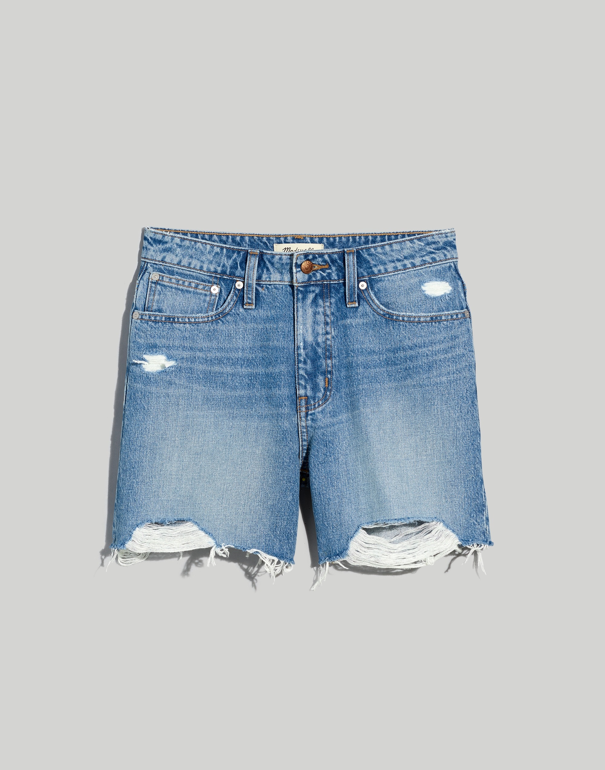 Curvy Relaxed Mid-Length Denim Shorts in Brockport Wash: Ripped Edition