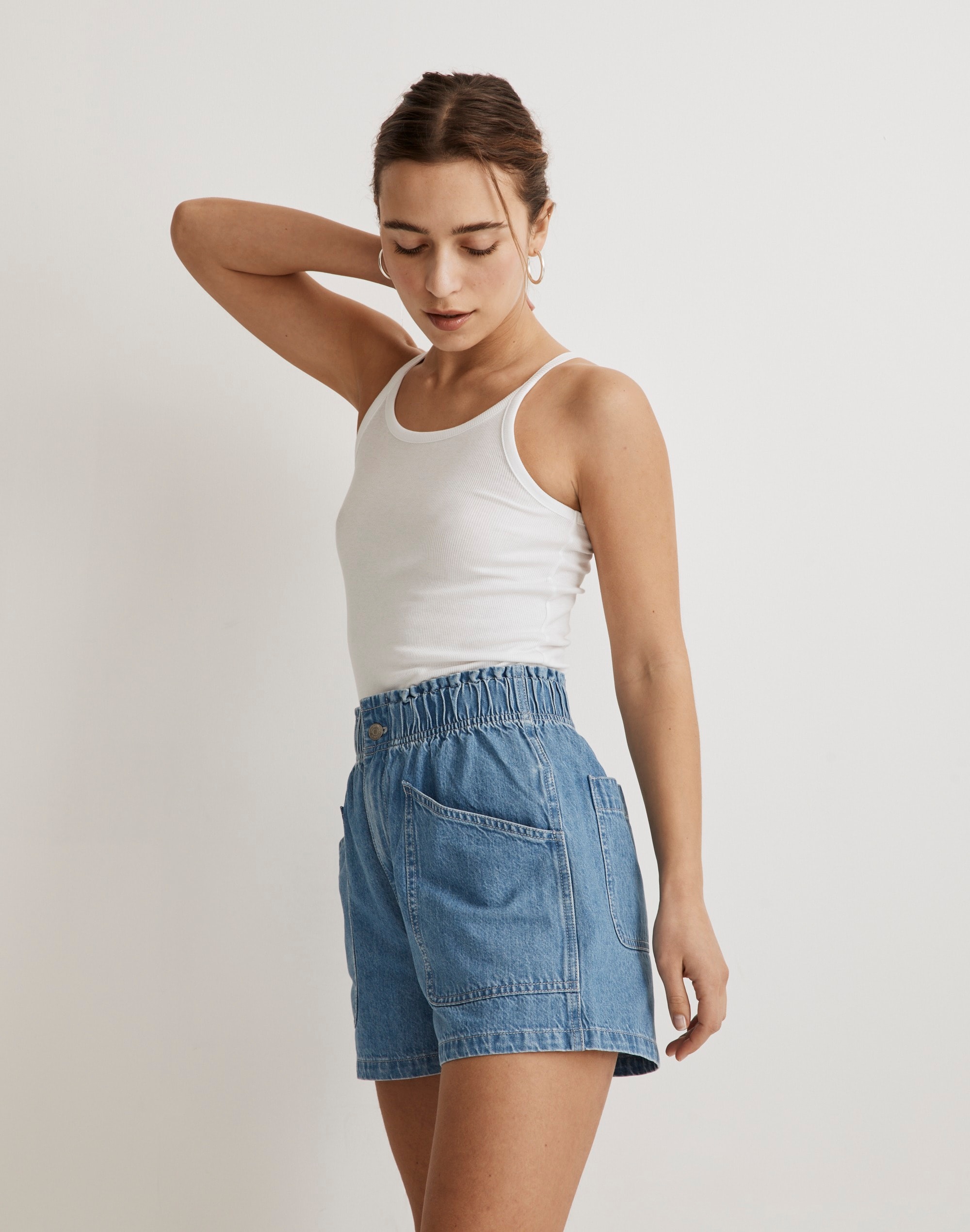 Denim Pull-On Paperbag Utility Shorts in Arcwood Wash