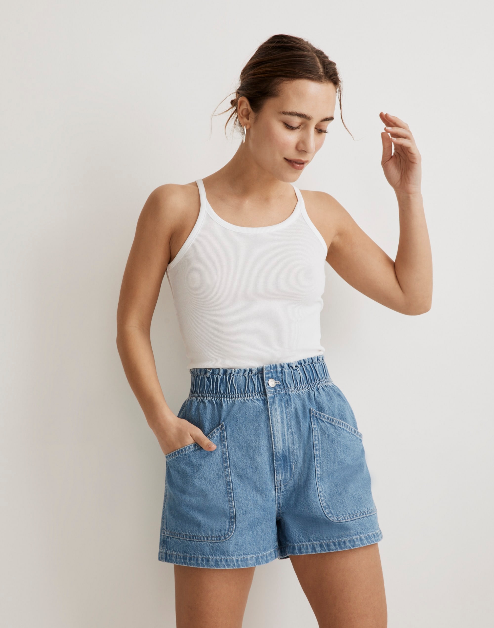 Denim Pull-On Paperbag Utility Shorts in Arcwood Wash