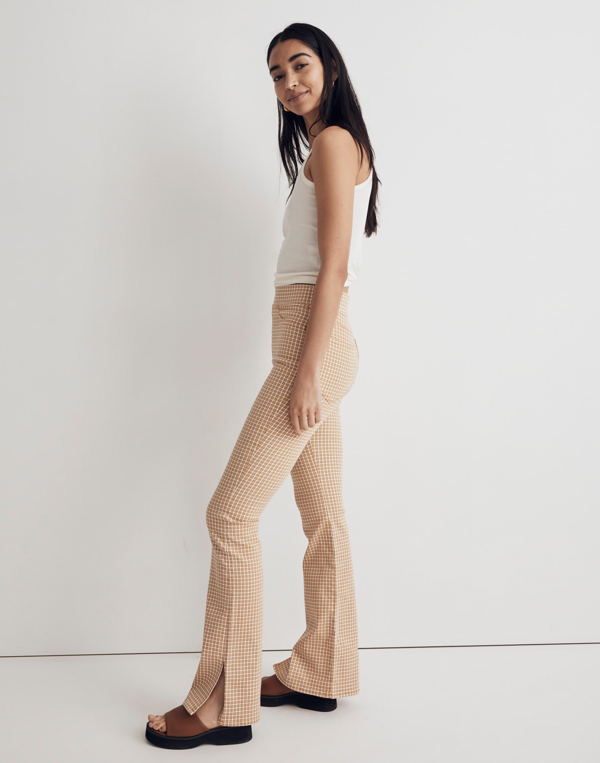 Pull-On Skinny Flare Jeans in Mini Check