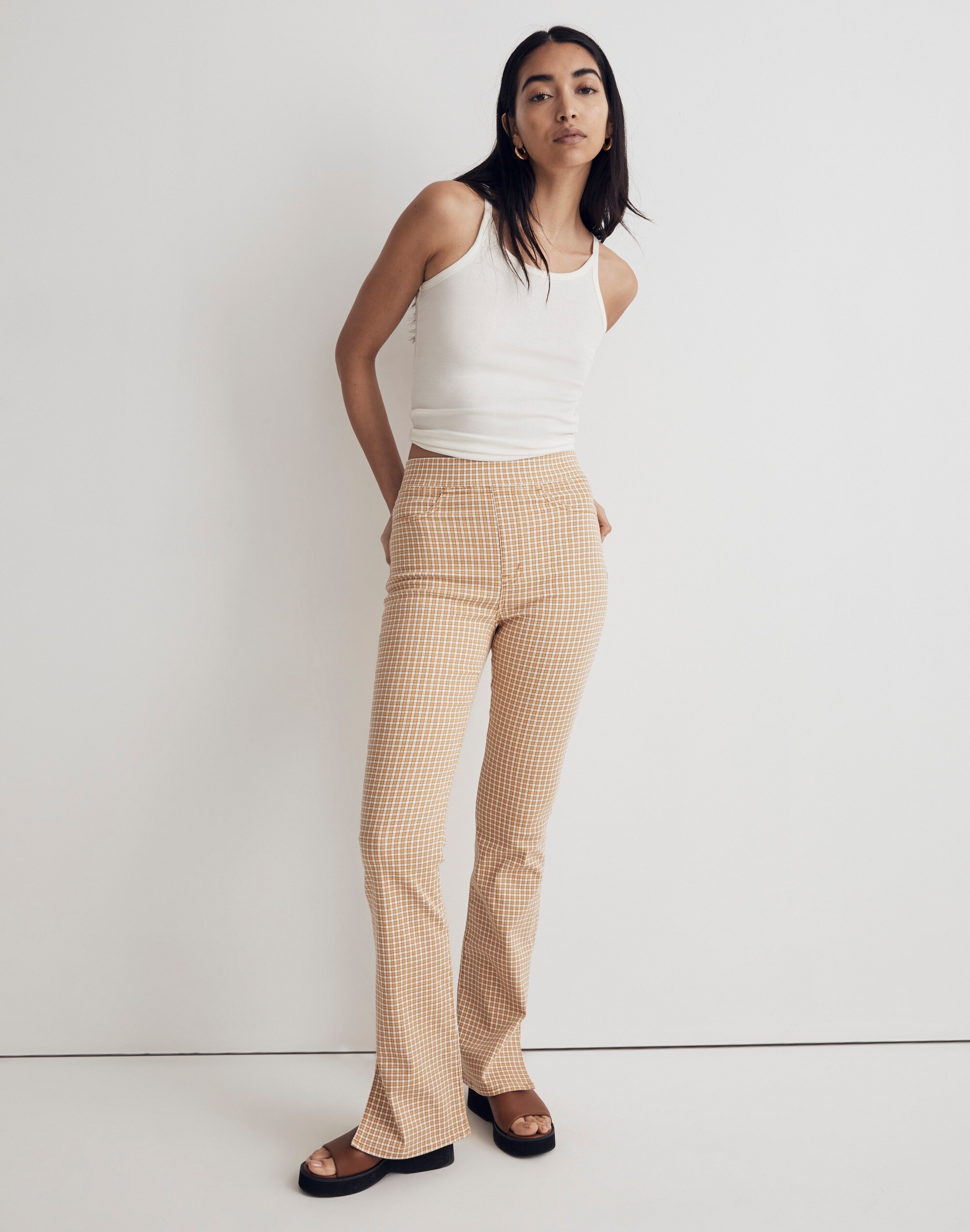 Pull-On Skinny Flare Jeans in Mini Check