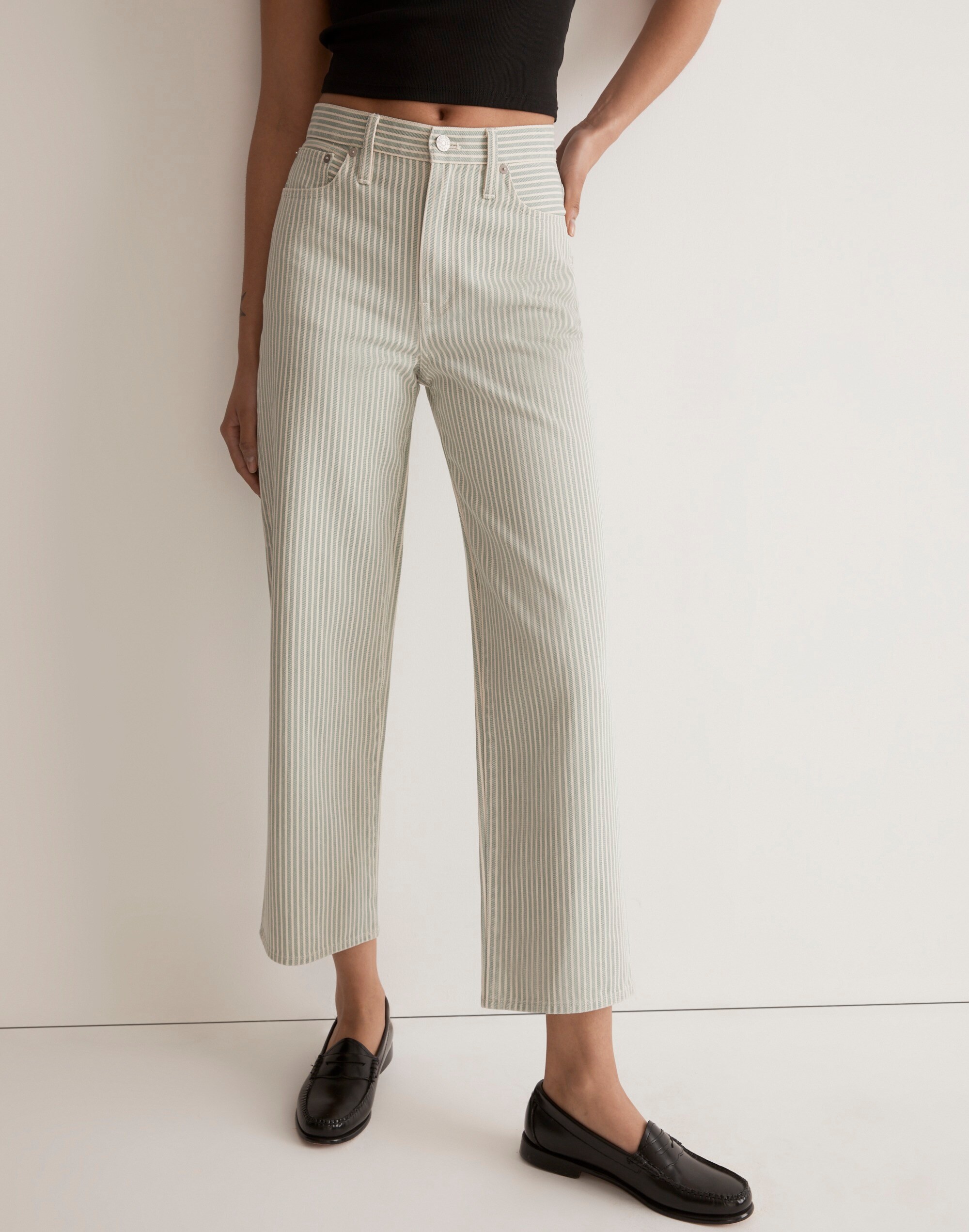 The Perfect Vintage Wide-Leg Crop Jean in Pale Celadon Stripe