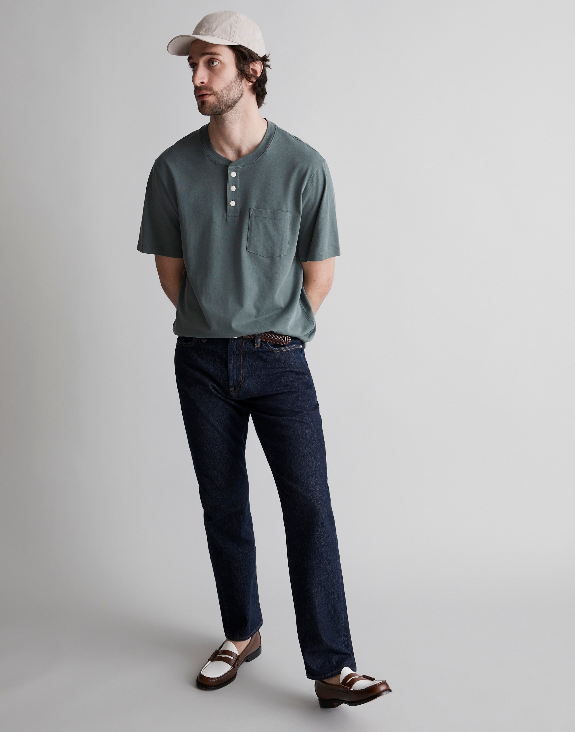 Textured Cotton Pocket Henley Tee