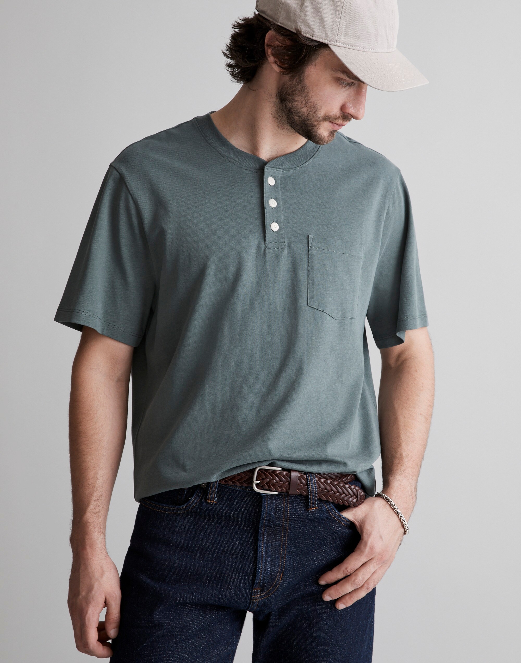 Textured Cotton Pocket Henley Tee