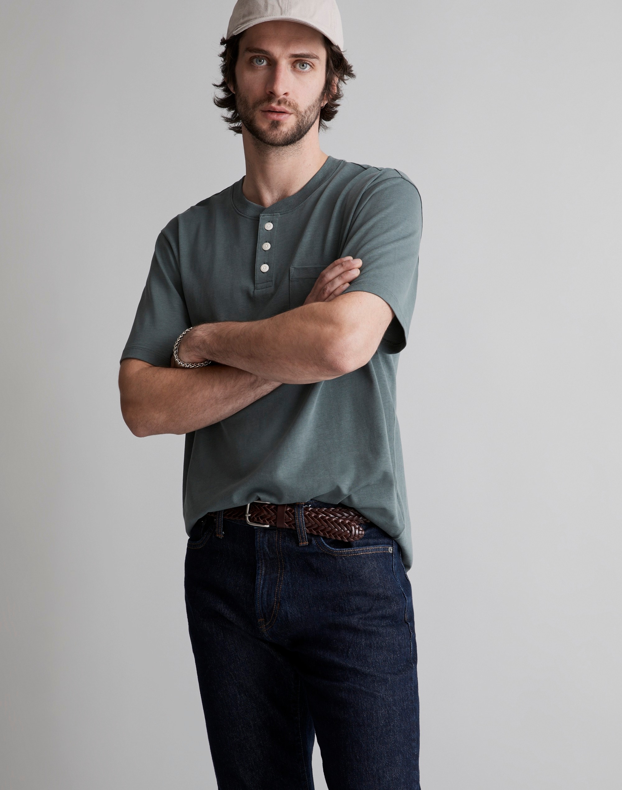 Textured Cotton Pocket Henley Tee