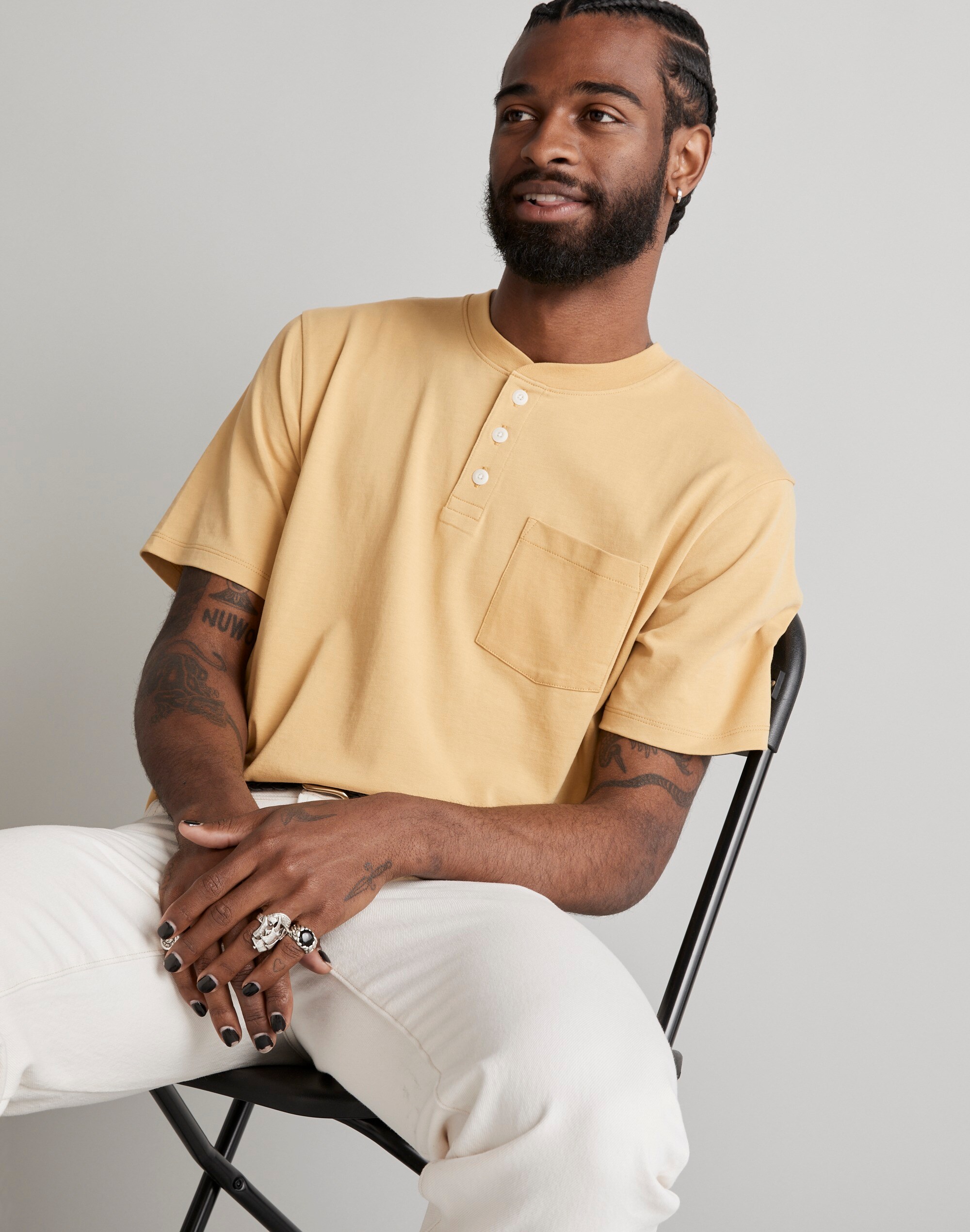 Textured Cotton Pocket Henley Tee