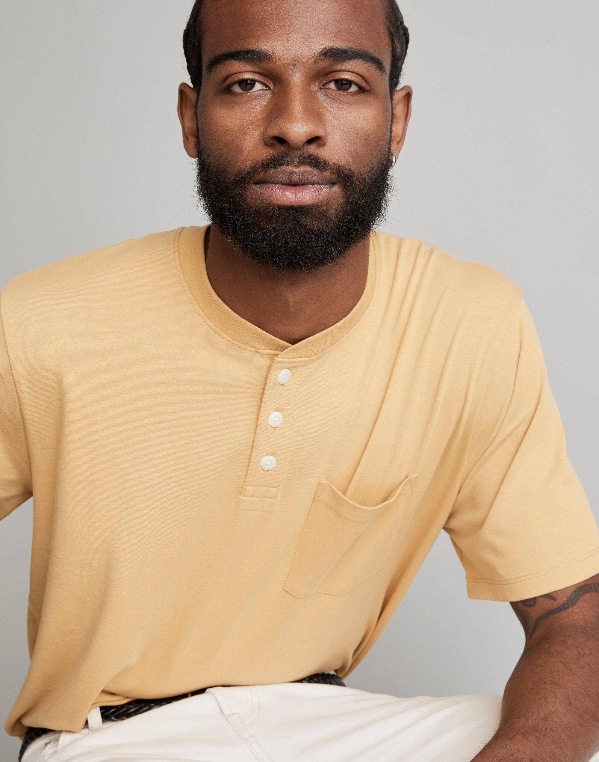 Textured Cotton Pocket Henley Tee