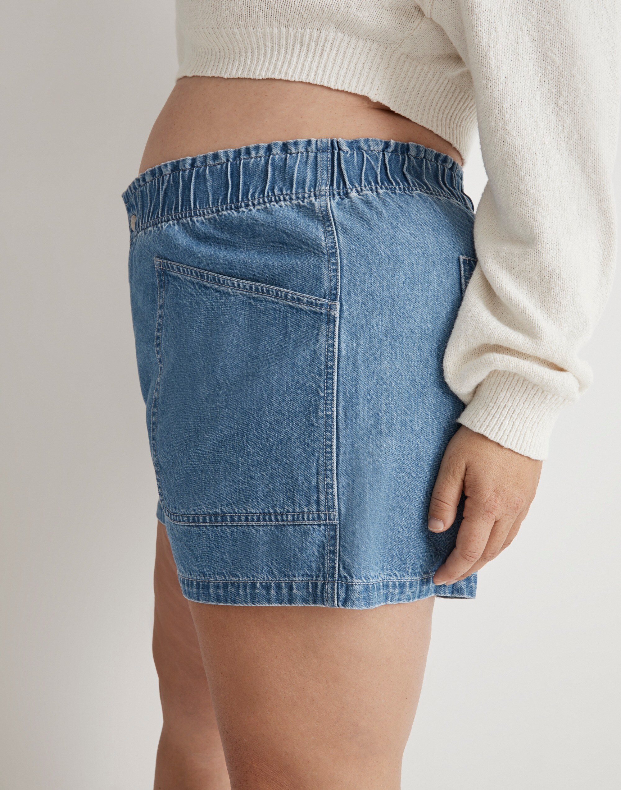Plus Denim Pull-On Paperbag Utility Shorts in Arcwood Wash