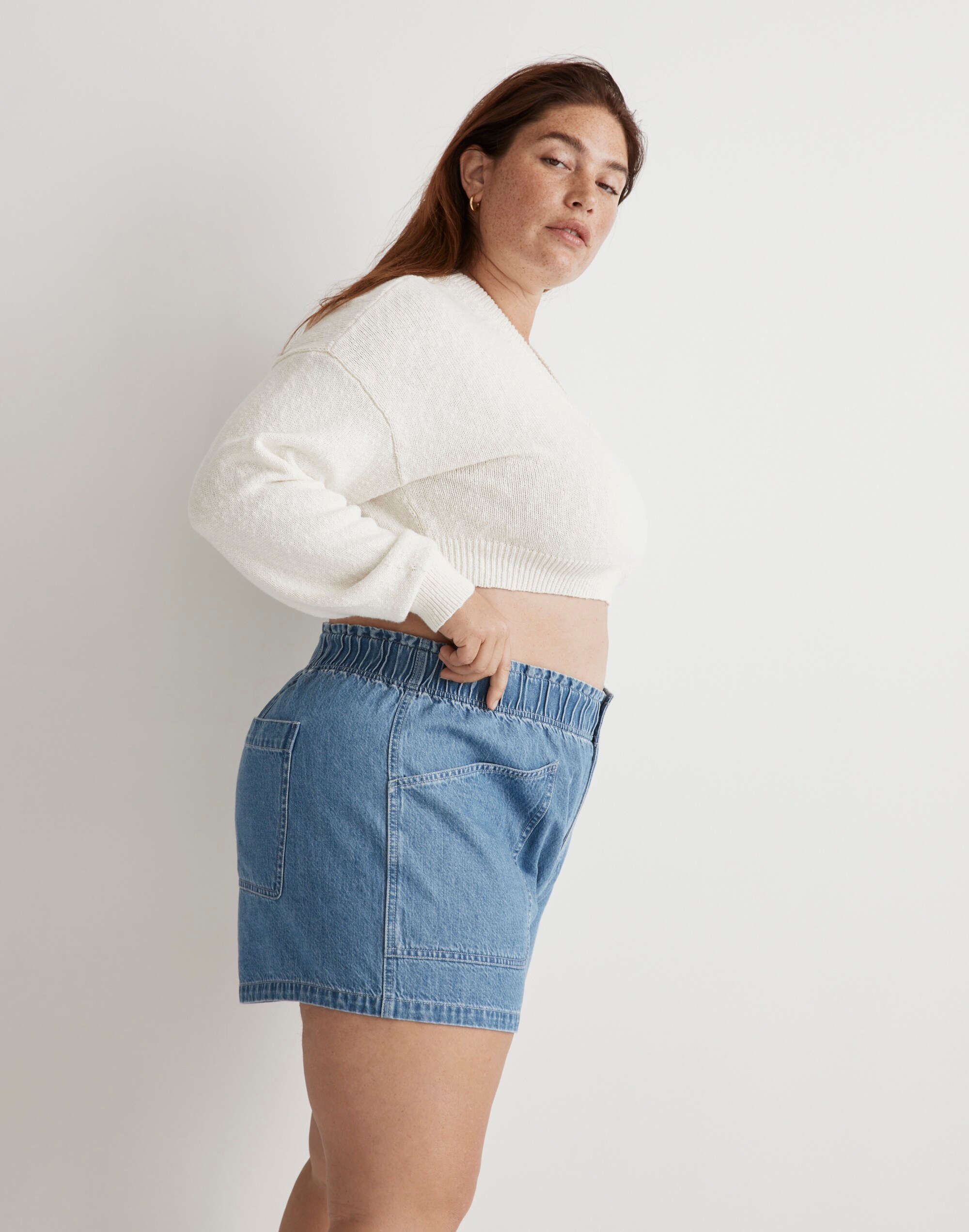 Plus Denim Pull-On Paperbag Utility Shorts in Arcwood Wash