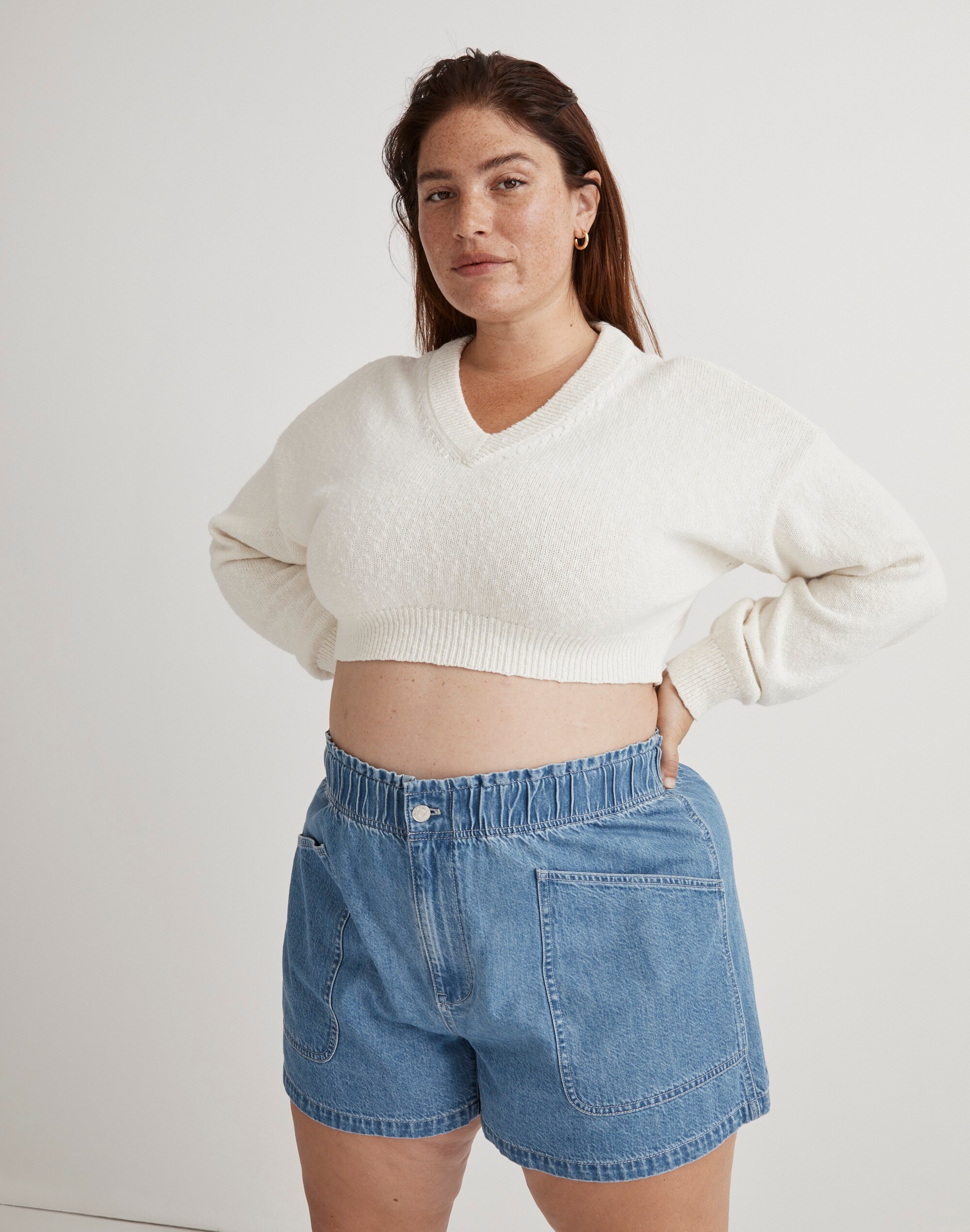 Plus Denim Pull-On Paperbag Utility Shorts in Arcwood Wash