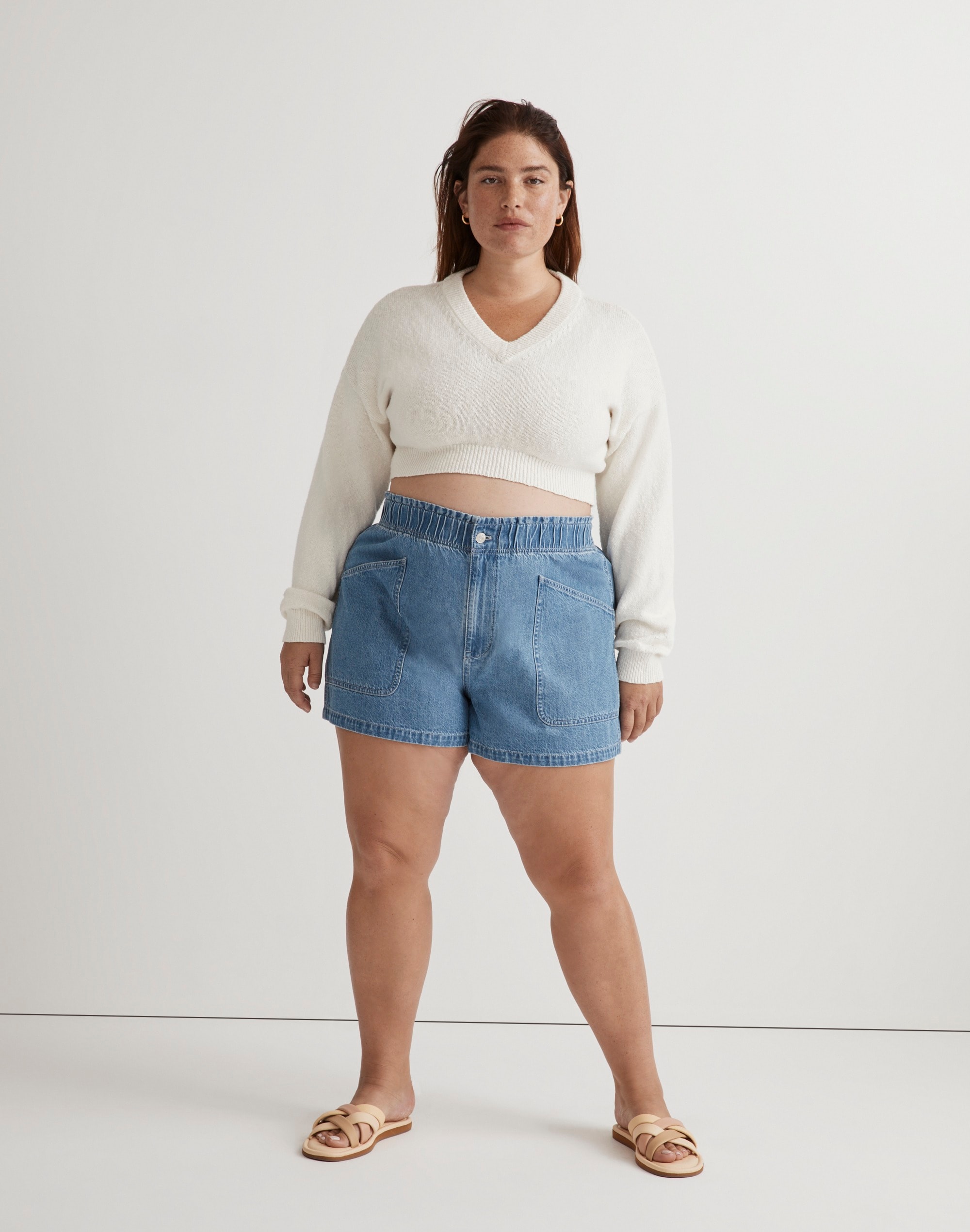 Plus Denim Pull-On Paperbag Utility Shorts in Arcwood Wash